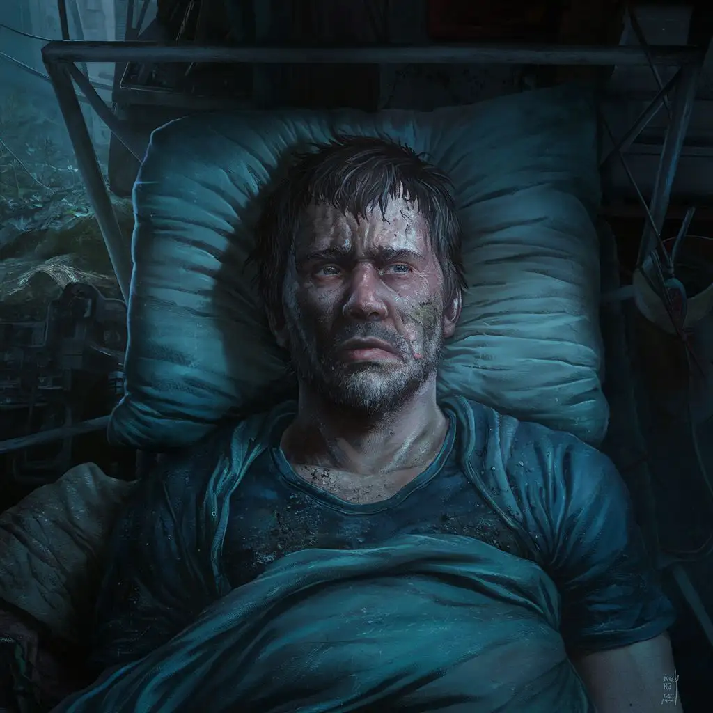 the last of us, male survivor ill on a bed, fever and sweatting
