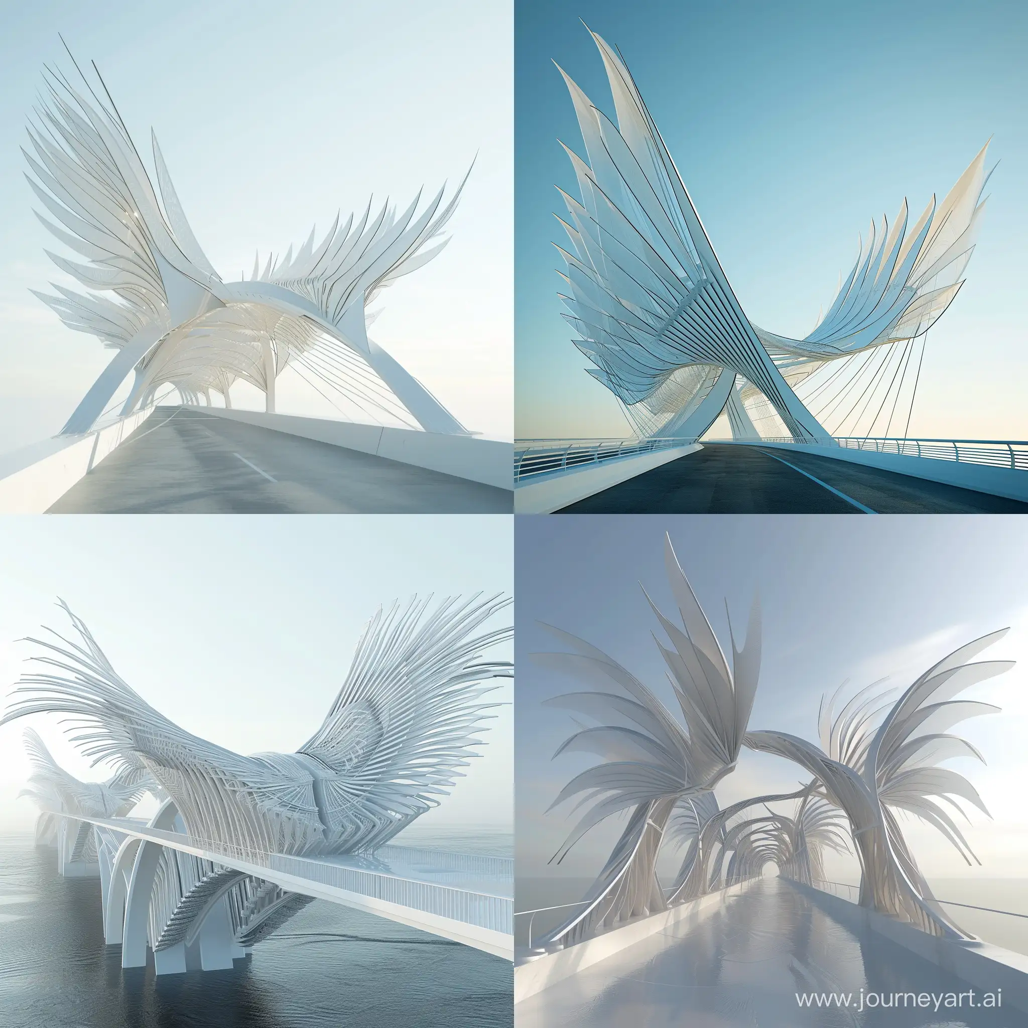 Generate a 3D bridge inspired by Santiago Calatrava with his kinetic approach. Picture an elegant bridge that mimics the motion of wings in flight, incorporating moving parts that respond to wind currents. The architecture should embody Calatrava’s ability to create structures that merge engineering precision with artistic expression.