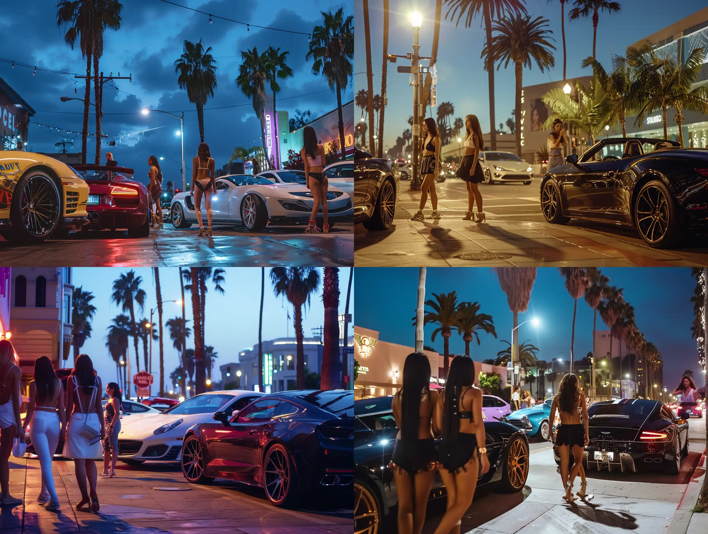 Late-Night-Stroll-on-Figueroa-Street-South-Los-Angeles-Glamour-with-Girls-and-Luxury-Cars