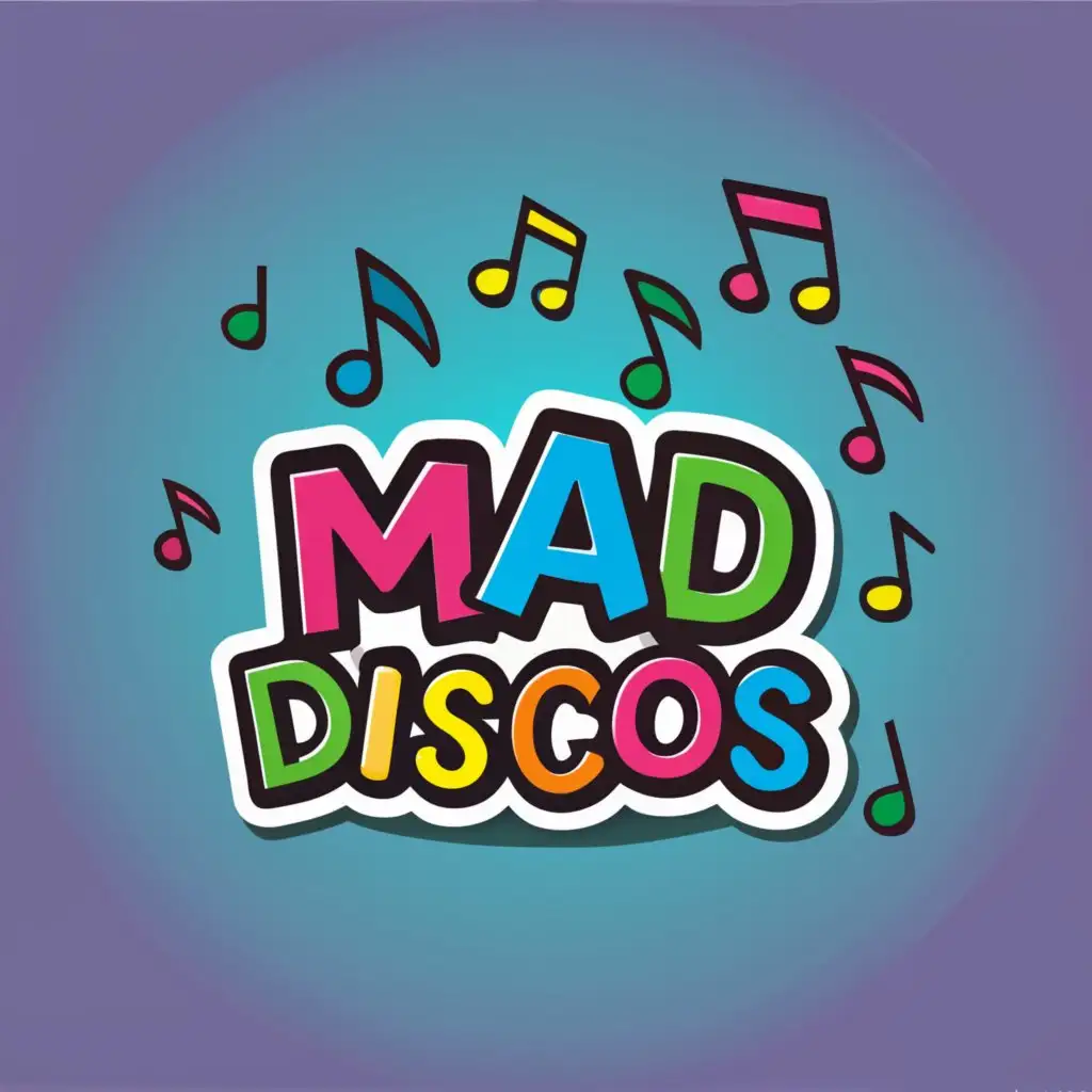 logo, Children's building blocks, with the text "MAD DISCOS", music notes, colourful, typography, be used in Entertainment industry
