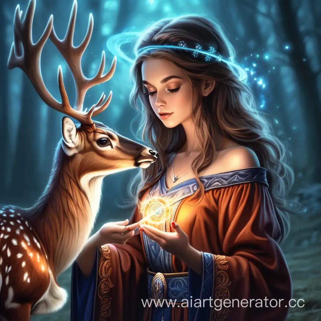 The beautiful girl mage with magic on her hand strokes a deer