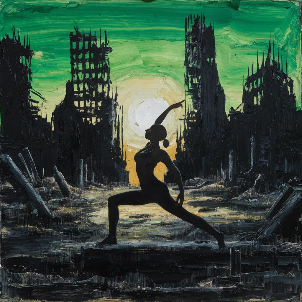 A beautiful day in a post-apocalyptic wasteland, merging elements of retro futuristic with a green and black color scheme, oil painting, strong brush strokes, layers, textured, black silhouette of a woman in yoga pose, “the warrior “