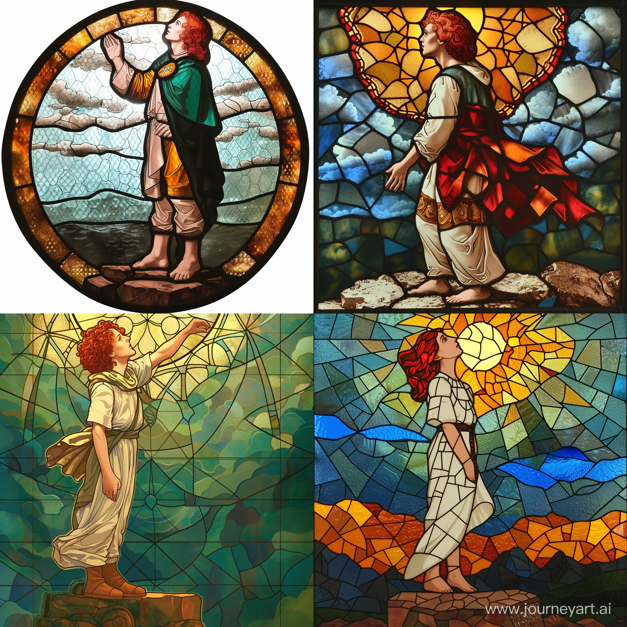 an icon of a Christian saint with red hair, standing on a stone and looking at the sky, stained glass in the Catholic style, glass