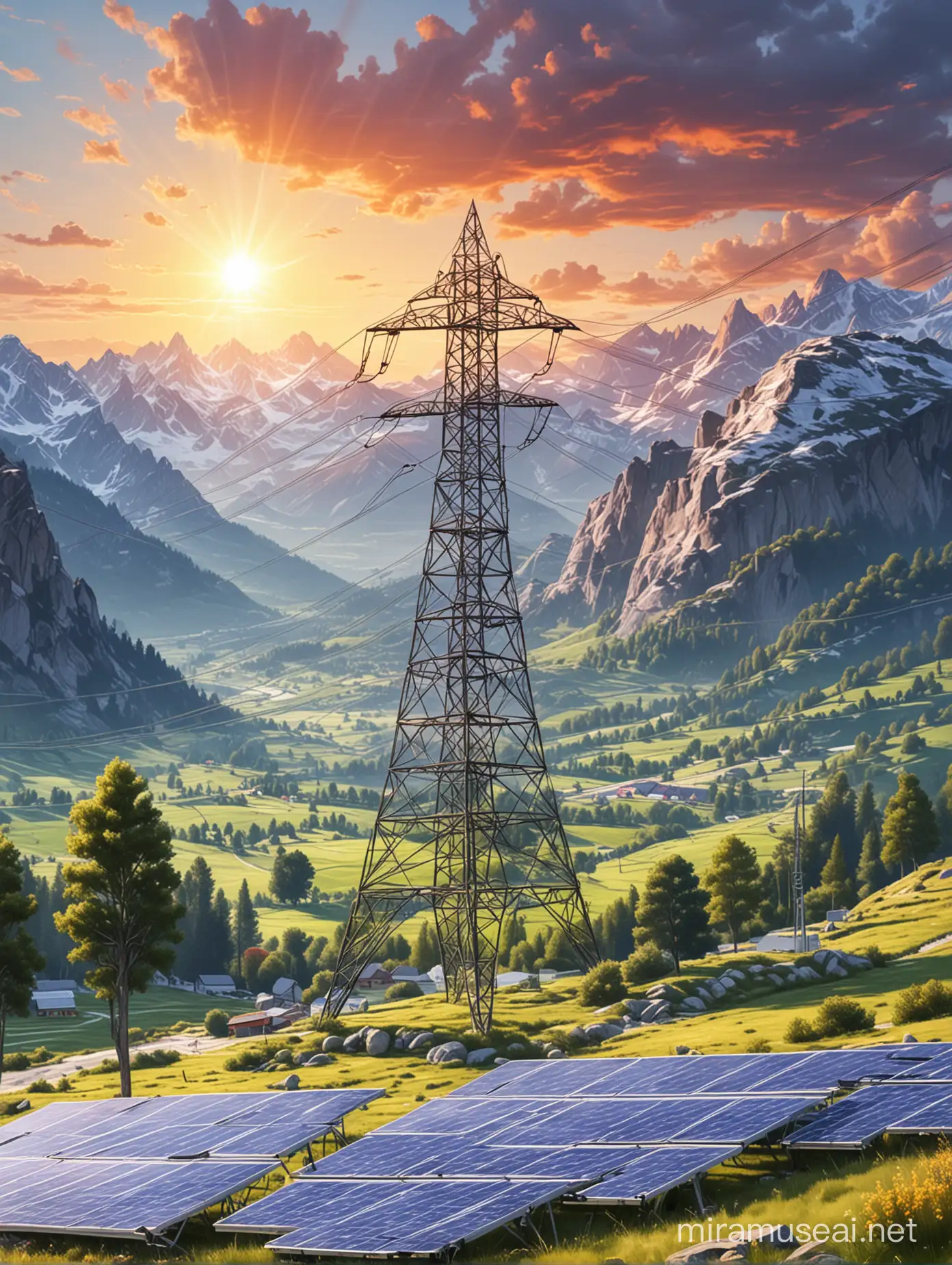 bright digital painting, illustrating co-optimized electricity market with high voltage pylon in Alpine nature surroinding with solar panels
