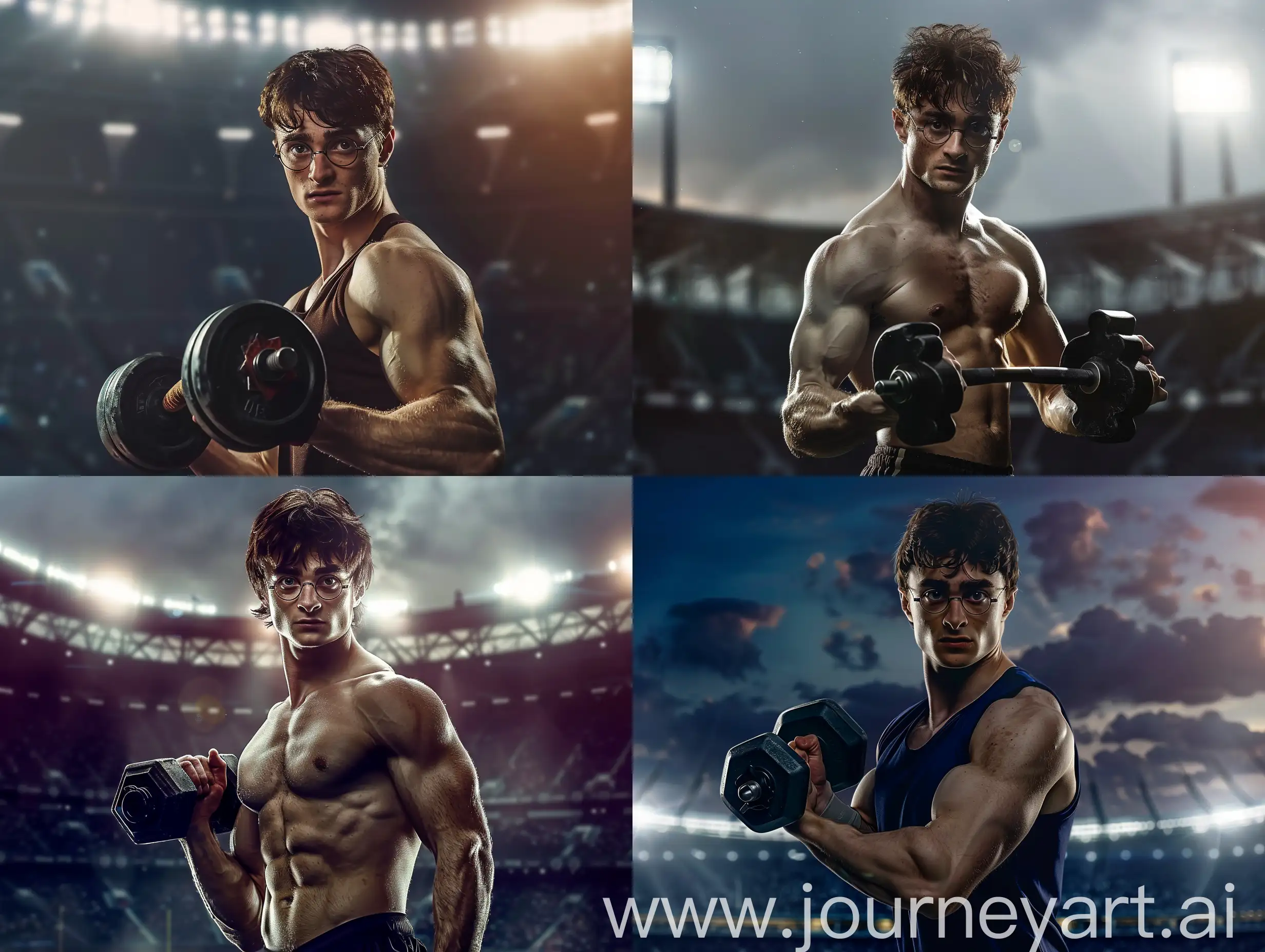 Harry Potter character from Harry Potter movie,
fit and muscular in sportswear lifting weights muscular body looking at camera wizards stadium background realistic lighting cinematic q2