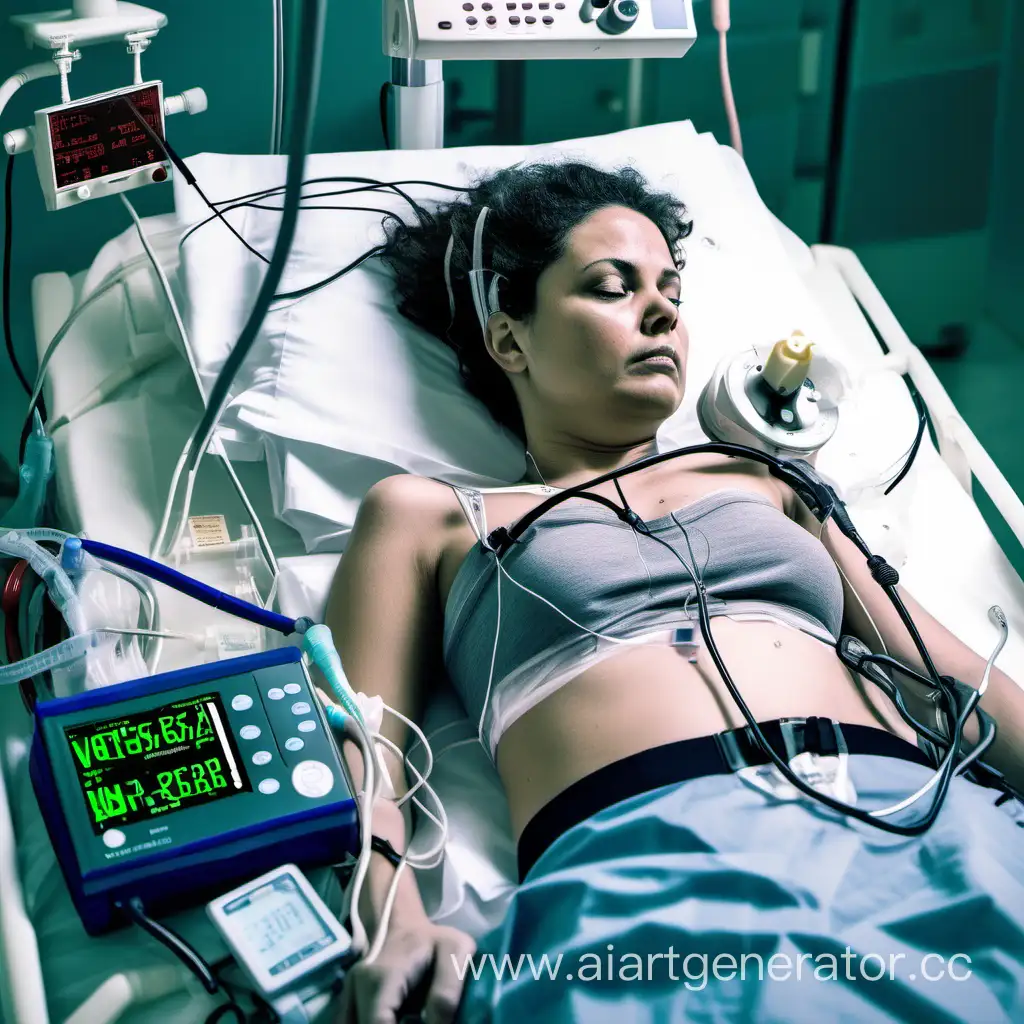 young white woman lying down in the hospital ICU wearing an adult diaper and a bra. She is connected to a heart monitor with EKG electrodes and wires on her chest, as well as a blood pressure monitor and other sensors. A urinary catheter runs into her groin, draining her pee into a bag.