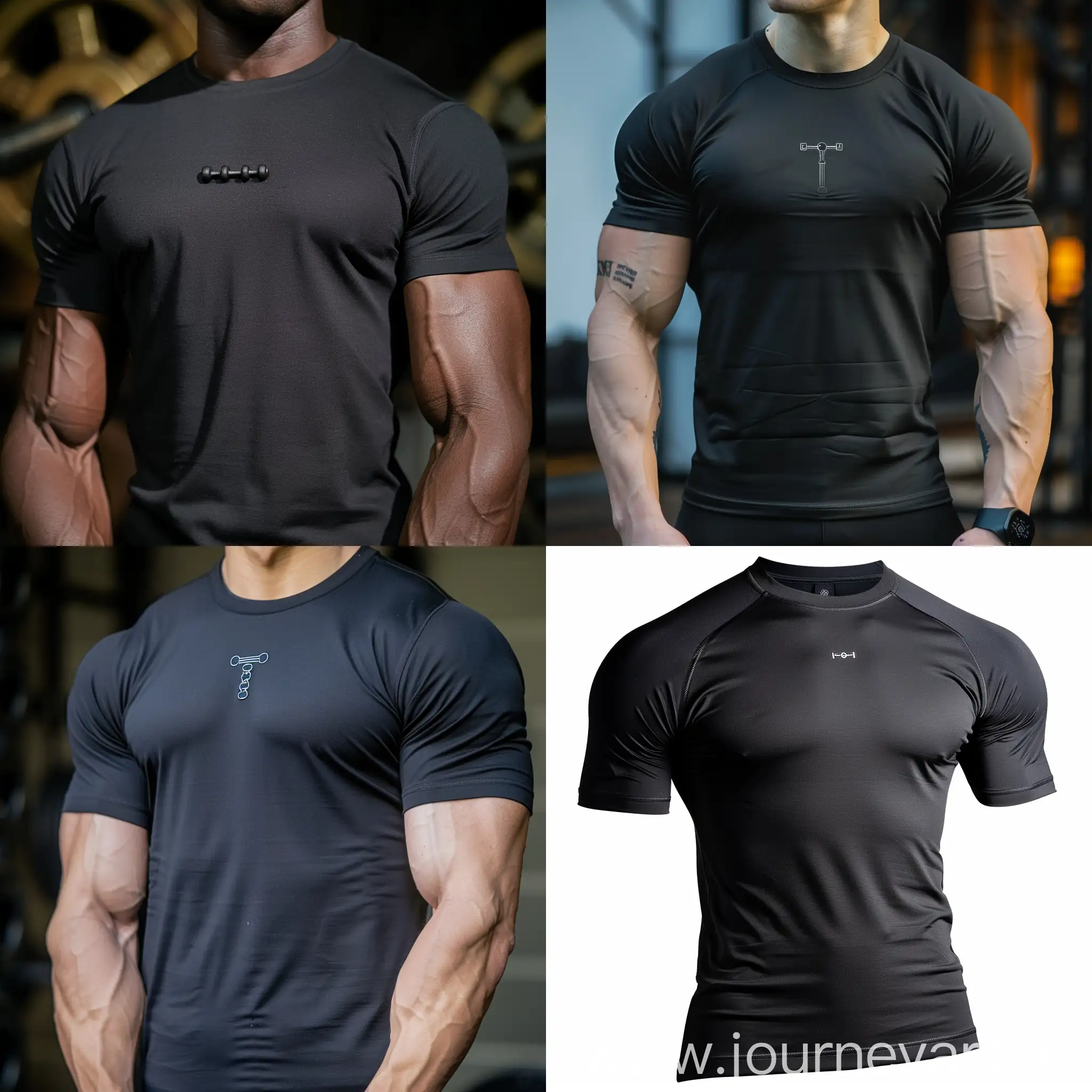Customize a compression tshirt in black with a small aesthetic dumbbell on middle of chest