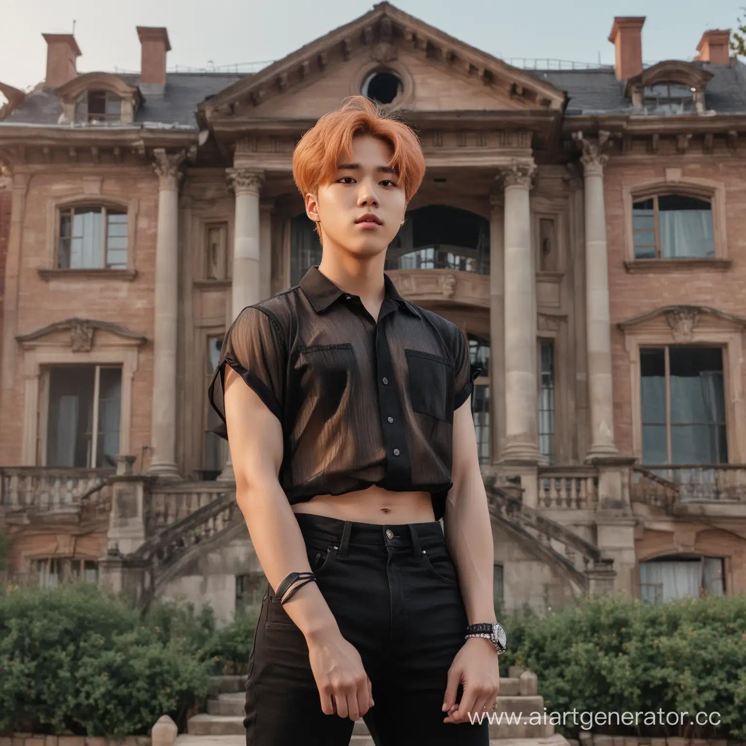 BTS-Jimin-with-Peach-Hair-in-Front-of-Vintage-Mansion-at-Dusk