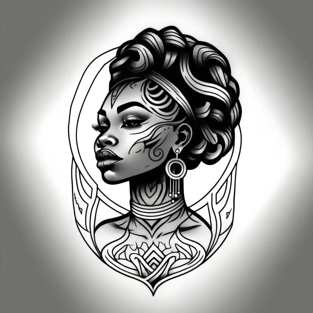 The outline of a Neo traditional style tattoo of a black woman