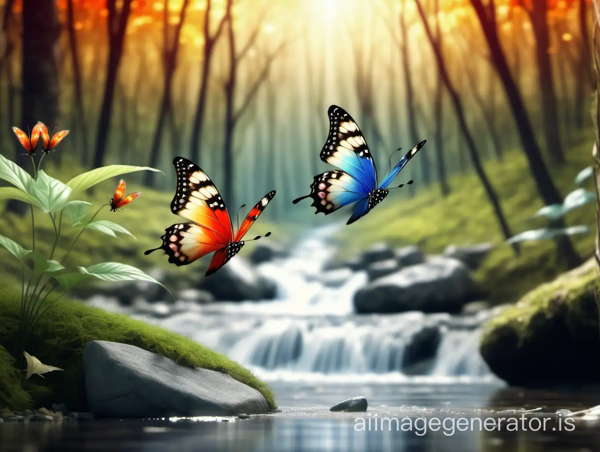 Fairy tale style. Two very beautiful colorful butterflies. They fly together. There are only two butterflies in the picture. In the background is a quietly flowing stream. Next to the creek is beautiful woods. The season is in spring. Hyper-real. aspect ratio 16:9