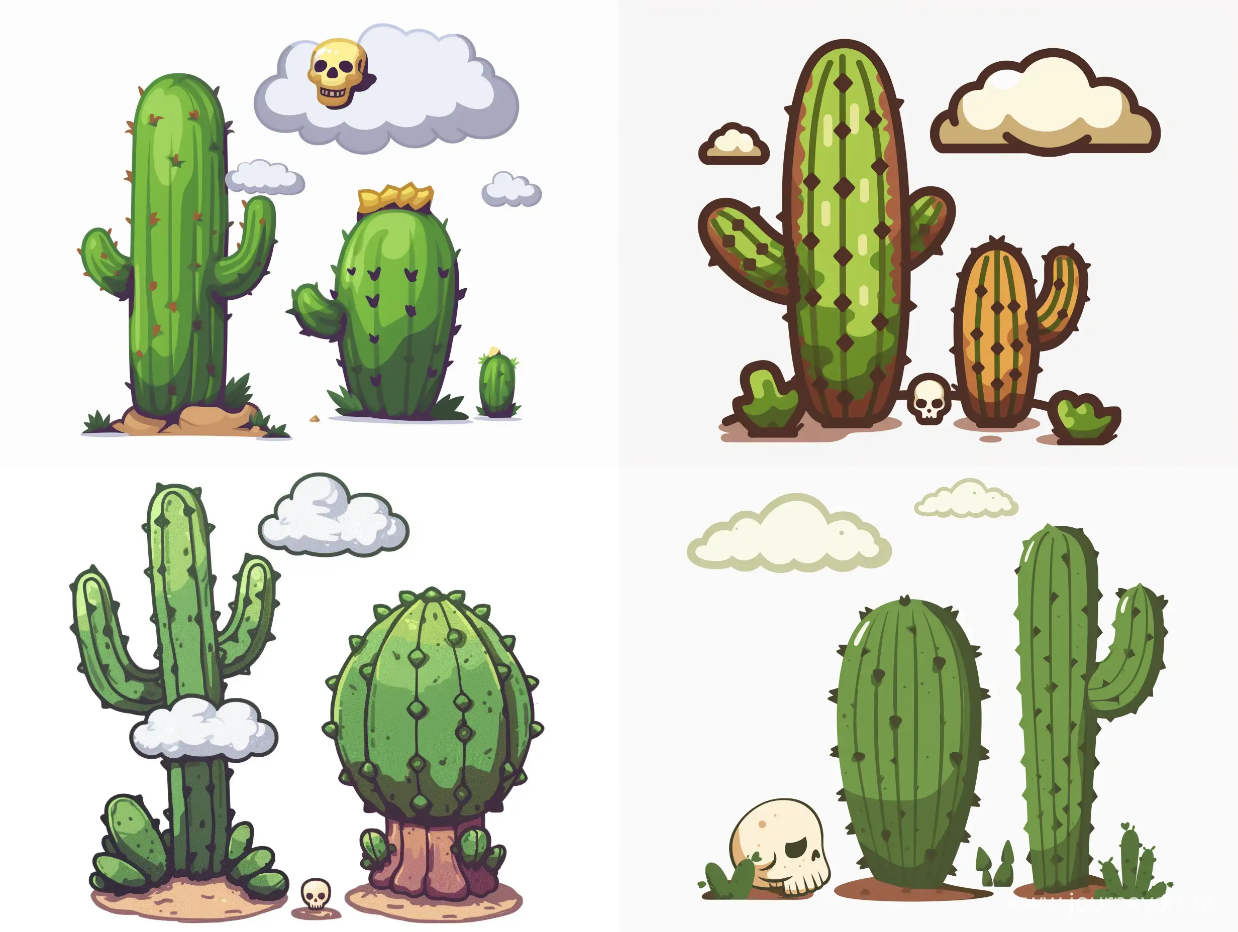 Create an image os two cactus ( one big another medium ) with two clouds above then.  Near cactus base, place an tiny skull. Use white background and style as 2d game image with flat colors.