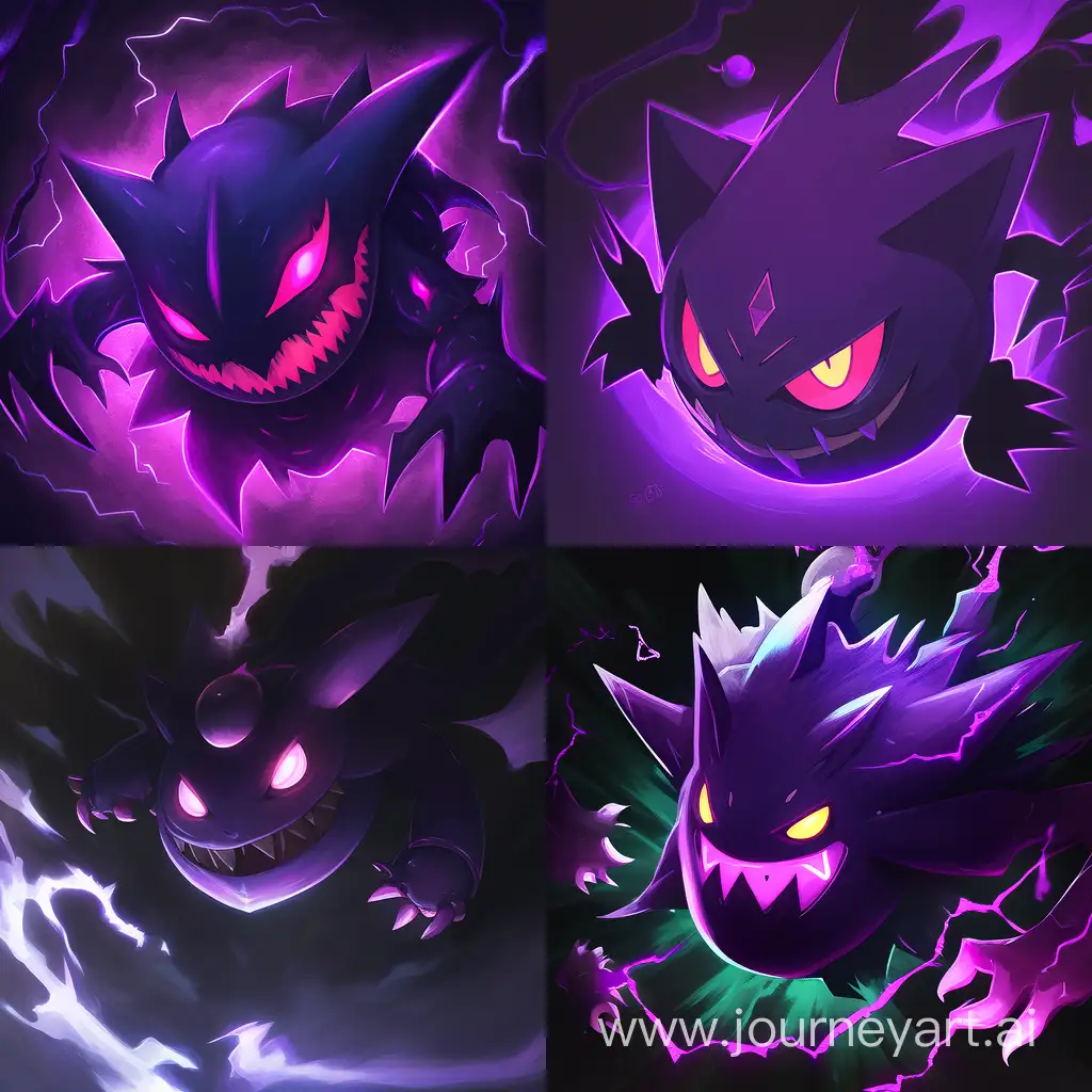 Покемон Haunter в стиле аниме на темно-фиолетовом фоне