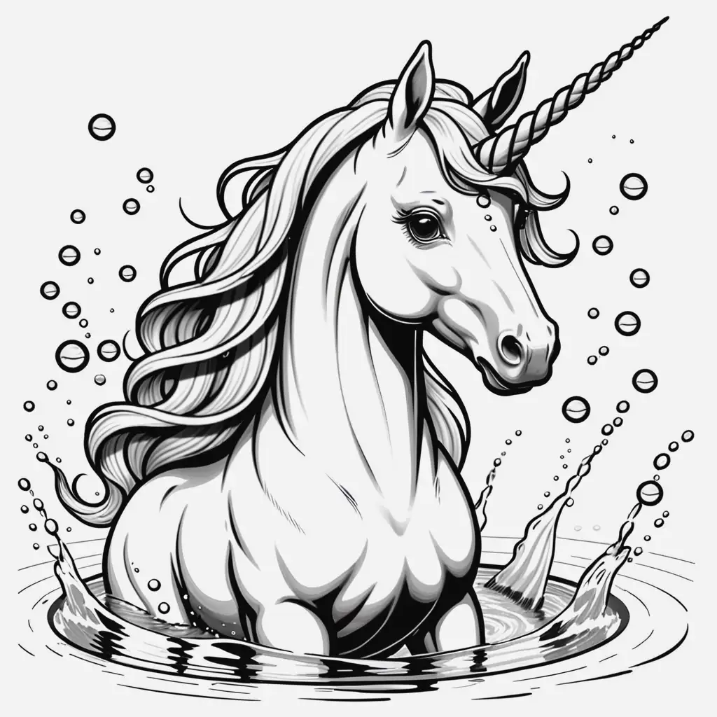 Graceful Unicorn Drowning Scene for Coloring Book Monochrome Illustration