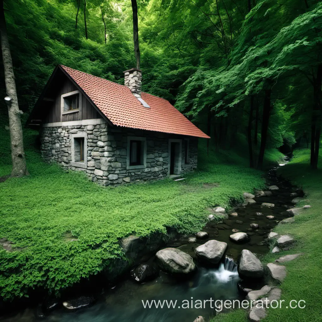 маленький старый 
домик из камня у ручья в лесу


