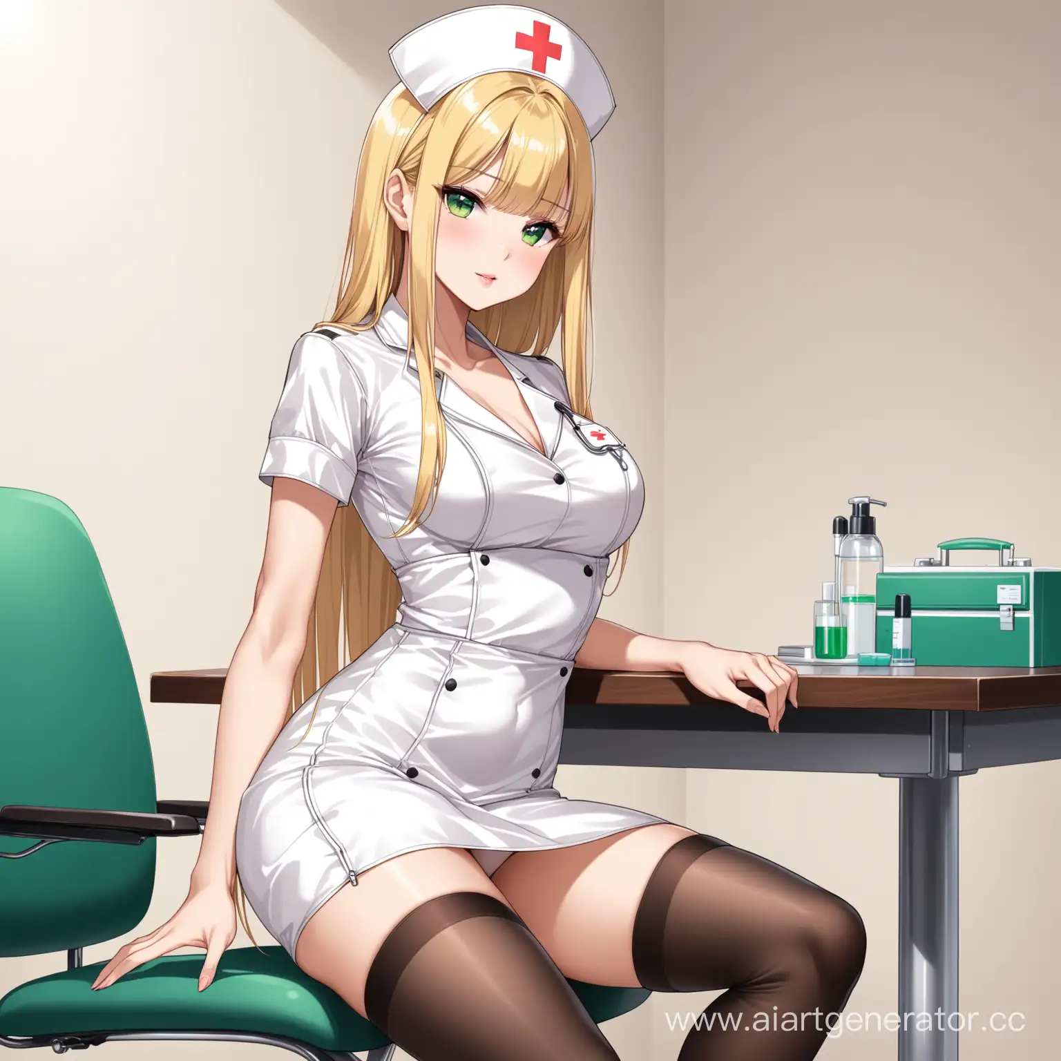 Low girl, long blonde straight hair, green eyes, she is in a seductive pose, she is wearing a seductive short nurse's dress and stockings, She is sitting On a chair at a table in a medical office in a seductive pose