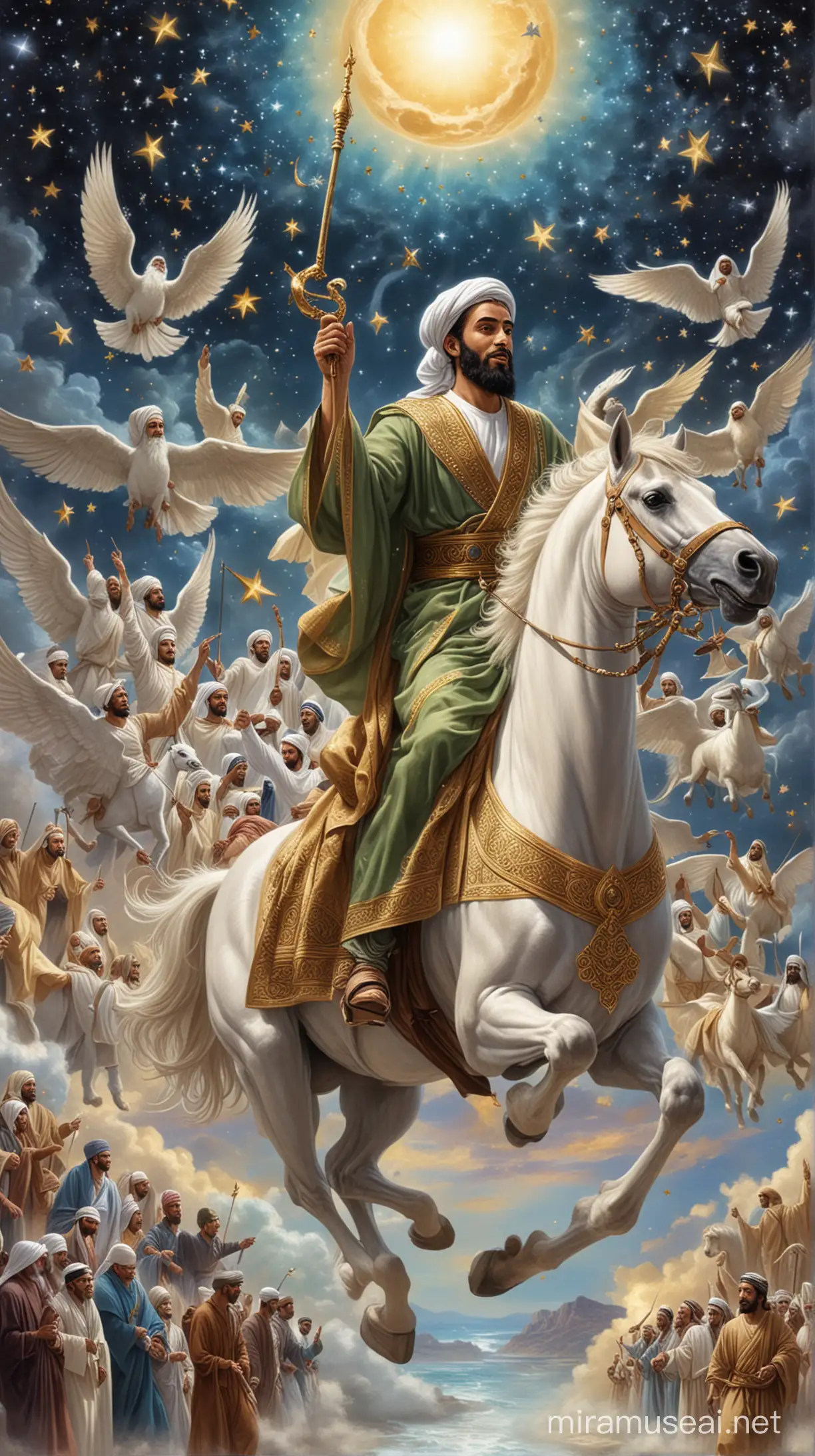 A Heavenly Journey with Prophet Muhammad (Sallallahu alaihi wa sallam): Depict Prophet Muhammad (Sallallahu alaihi wa sallam) riding the Buraq, a celestial steed, as he ascends through the heavens during the Miraj journey, surrounded by angels and stars.