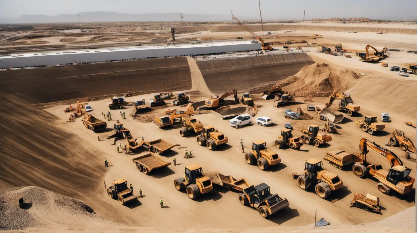 excavation in the desert, picture from far, a lot of excavation machines, many construction workers