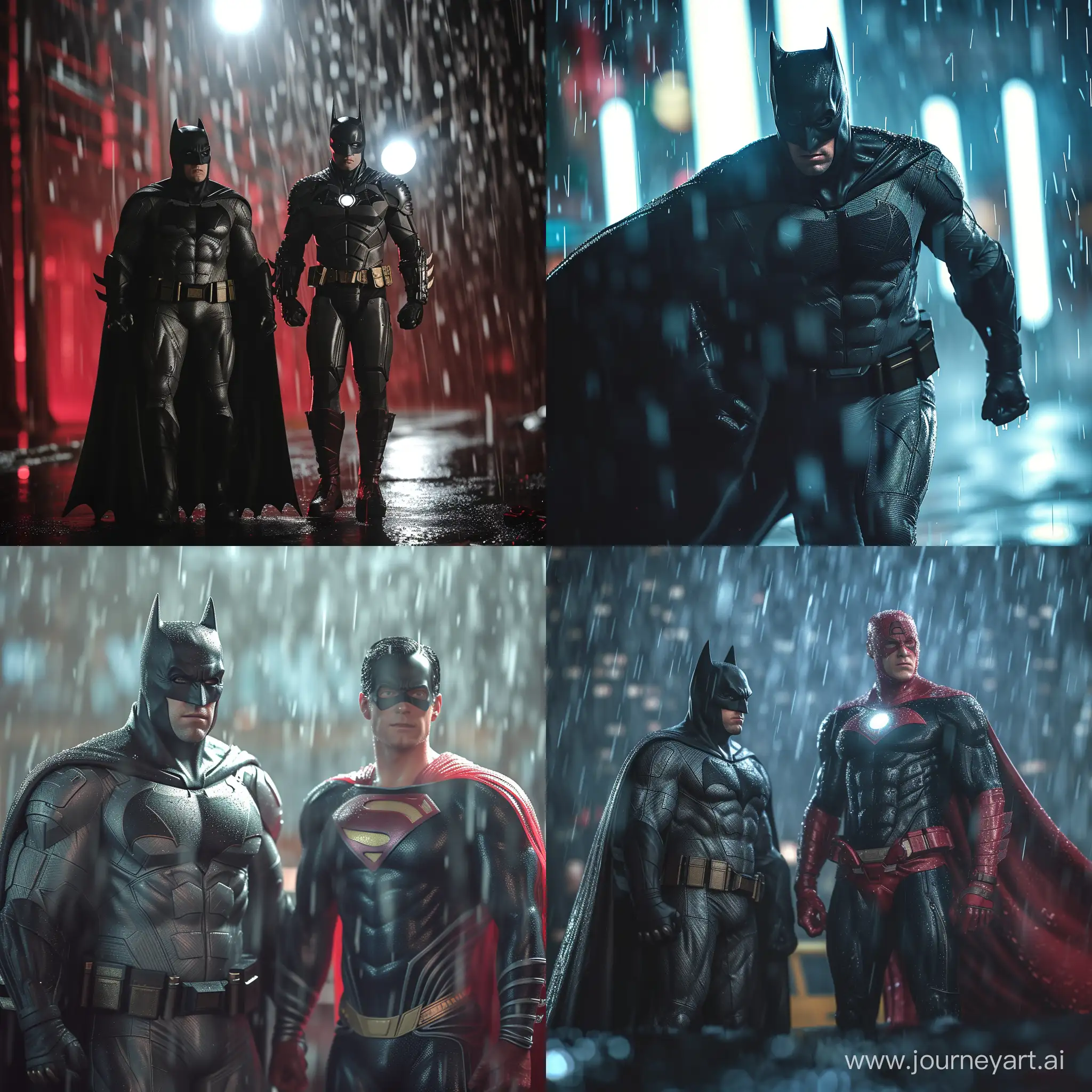 full body batman from 2022 movie and super man   dynamic, realistic in the rain depth of field,