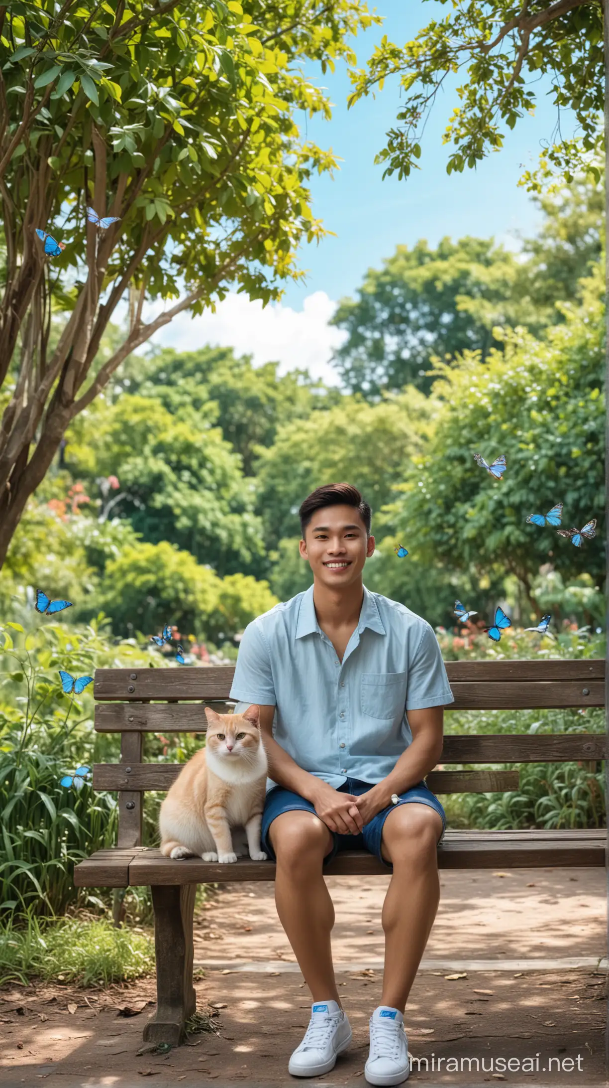 Cowok tampan thailand sedang duduk dibangku taman bersama kucing lucu dengan latar belakang pepohonan yang asri dan sejuk langit biru ada kupu-kupu