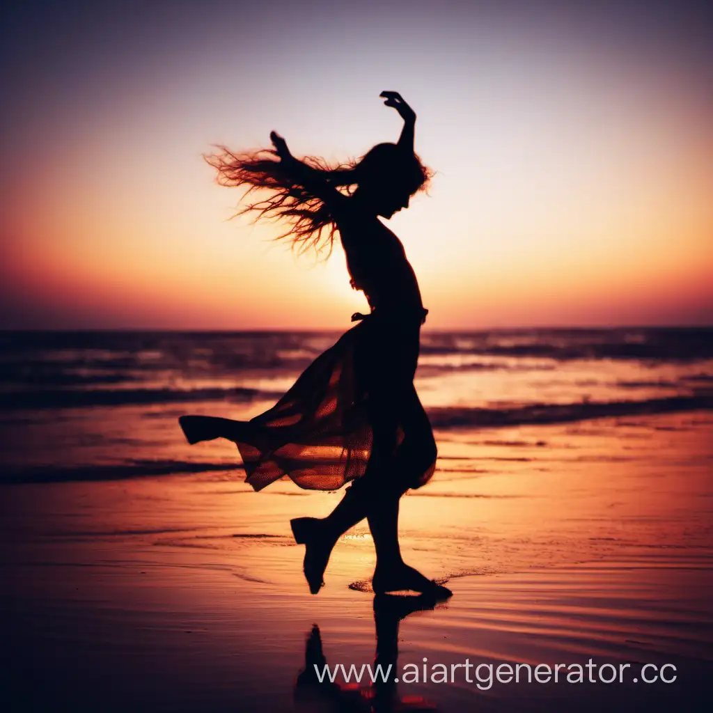 девушка танцует на берегу моря в  закате