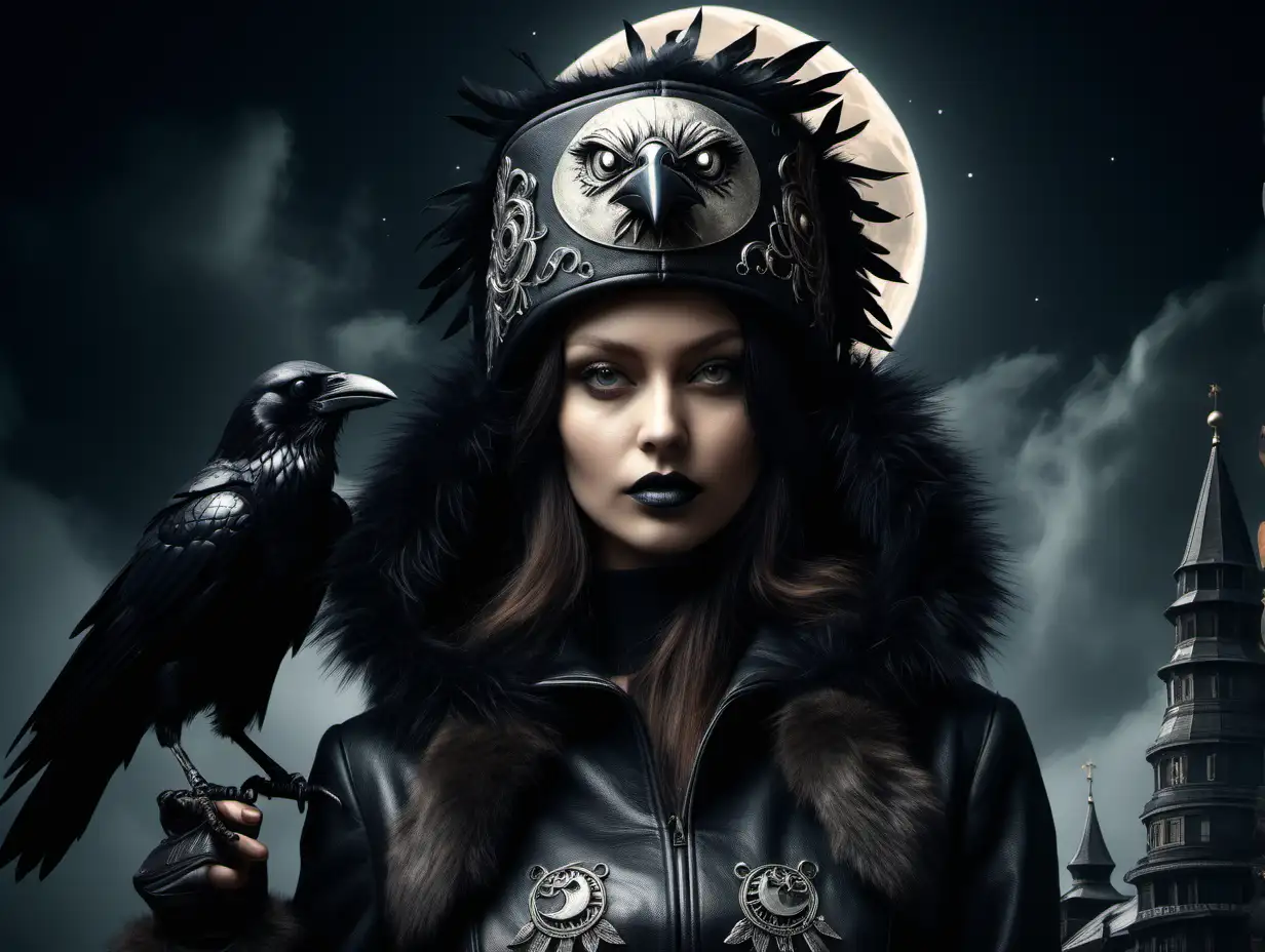 Surreal Russian Girl Wearing Towering Ushanka Hat with Mystical Crow Logo