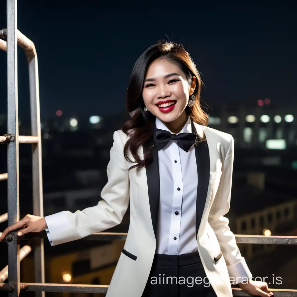 sophisticated and confident Vietnamese woman with shoulder length hair and  lipstick wearing an ivory tuxedo with a white shirt with cufflinks and a black bow tie, (black pants).  She is standing on a scaffold, facing forward, smiling and laughing.  You can see her shirt cuffs and cufflinks.  It is night.