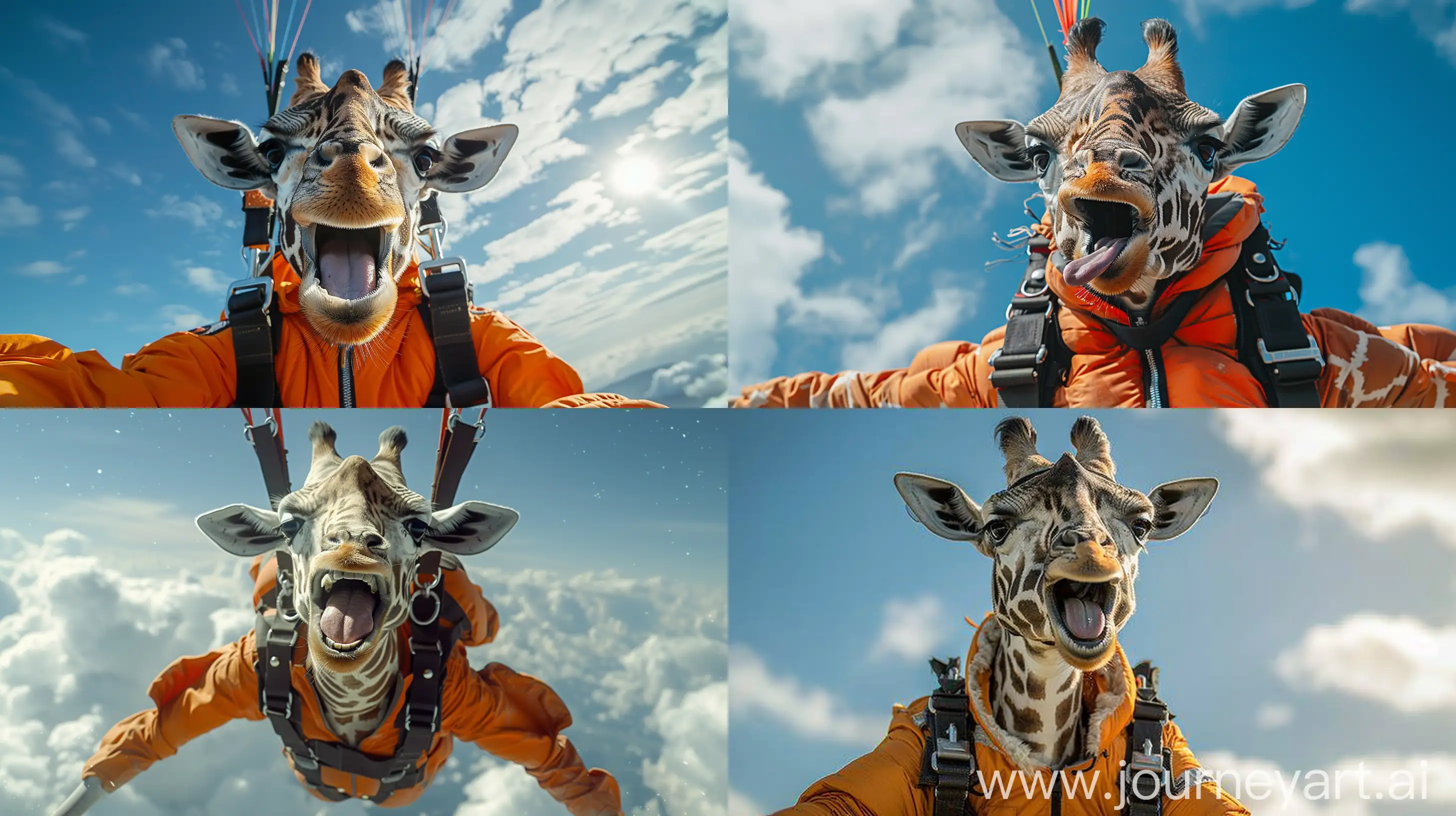 The photo is a close-up of a giraffe that appears to be in the air, against a background of a blue sky and white clouds
She wears parachute gear, complete with an orange bodysuit that has black straps, suggesting a harness intended for aerial activities. There is also a pair of goggles tied over the giraffe's forehead, pressed down as if they are not currently in use. Glasses and clothing give the impression that the giraffe is participating in a skydive or skydive.
The giraffe's mouth is open, and the tongue hangs out to the side in what could be interpreted as an expression of excitement or joy. Its limbs are extended, with the front legs extending forward and the hind legs extending back, enhancing the sensation of free fall or flight.
The angle and position of the giraffe give the viewer a dynamic perspective, as if they were falling or flying next to the giraffe. The lighting is bright and suggests daylight conditions, with the sun possibly above and behind the giraffe, creating soft lighting around the coat.
The image is likely to be humorous or fictional, humanizing the giraffe by placing it in the context of an unusual human activity. This could be a creative edit --ar 16:9 --v 6 --stylize 750.