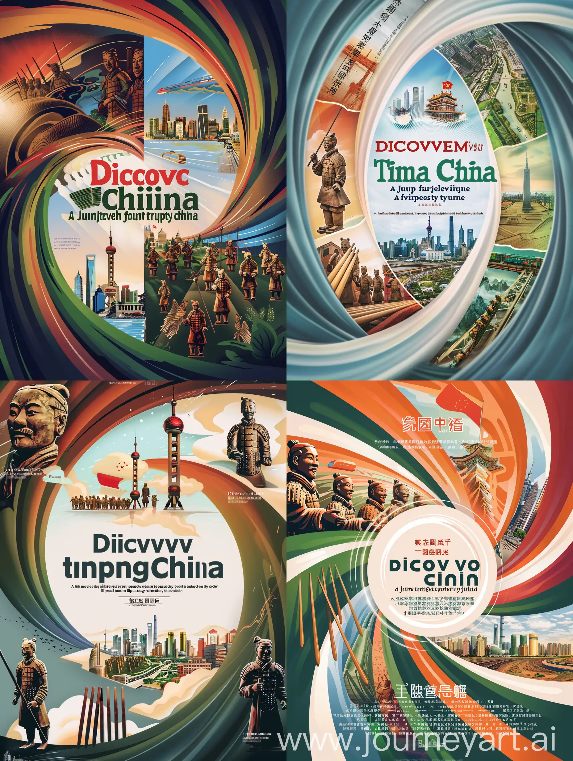 Create an artistic, dynamic poster that embodies the concept of 'Time Travel Through China'. Visualize a swirling time vortex in the background, merging ancient China with its modern achievements and futuristic aspirations. Incorporate traditional Chinese elements like the Terracotta Warriors and chopsticks on one side, representing the rich cultural heritage. Transition into modern China with symbols like the high-speed train, Shanghai's skyline, and the Belt and Road Initiative in the center. Progress towards a futuristic vision of China with images of green energy solutions, advanced technology, and smart cities on the opposite side. Ensure the design is harmonious, with a smooth gradient from past to future, illustrating China's journey through time. Include engaging elements that draw the viewer’s eye along the timeline, with a central bold title 'Discover China: A Journey from Past to Future'. Make the style vivid, colorful, yet tastefully balanced, to captivate and educate the audience about China's evolving identity.