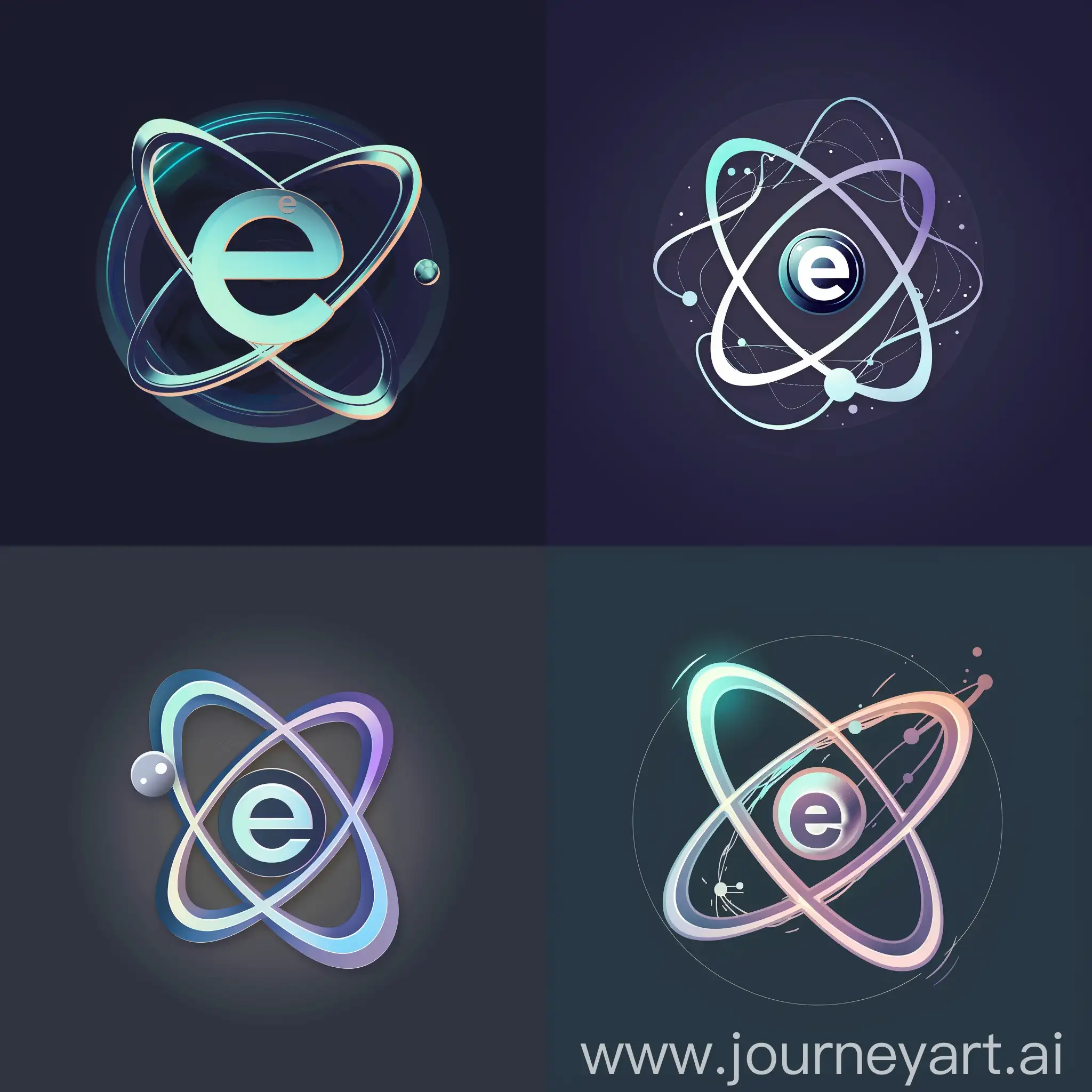 Logo Concept:  An atomic symbol with a dynamic electron path.  Nucleus: Instead of a generic circle, design the nucleus using the letter "e" in a stylized font that evokes a sense of stability and strength. Electron: Depict the electron as a small sphere with a slight glow or transparency. Electron Path: Instead of a solid ring, create a dynamic path for the electron. This path could be: Orbitals: Use multiple, slightly transparent concentric circles to represent the electron's probabilistic location based on quantum mechanics. Energy Levels: Design the path as a stylized wave or loop that suggests the electron's energy levels. Highlighted Path: If you prefer a single path, make it thicker and slightly brighter near the electron, fading outwards. This creates a visual emphasis on the electron's current location. Flashiness: Consider adding a subtle gradient or texture to the electron path for a touch of "flashiness" without looking like jewelry. Additional Tips:  Color Scheme: Use a limited color palette that reflects the scientific nature of the logo. Blues, greys, and purples are good options. You can add a hint of a brighter color (like green or yellow) to the electron for emphasis. Minimalism: Keep the design clean and avoid cluttering it with unnecessary details. Balance: Ensure the "e" nucleus and electron path are visually balanced and create a cohesive atomic symbol.