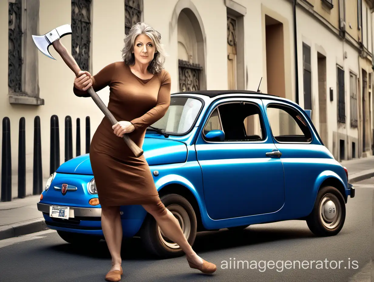 Beautiful short and curvy woman, approximately 40 years old, with brown and grey hair and beautiful blue eyes, smashing a small beige Fiat 500 with a huge axe. The Fiat 500 licence plate reads "GF"