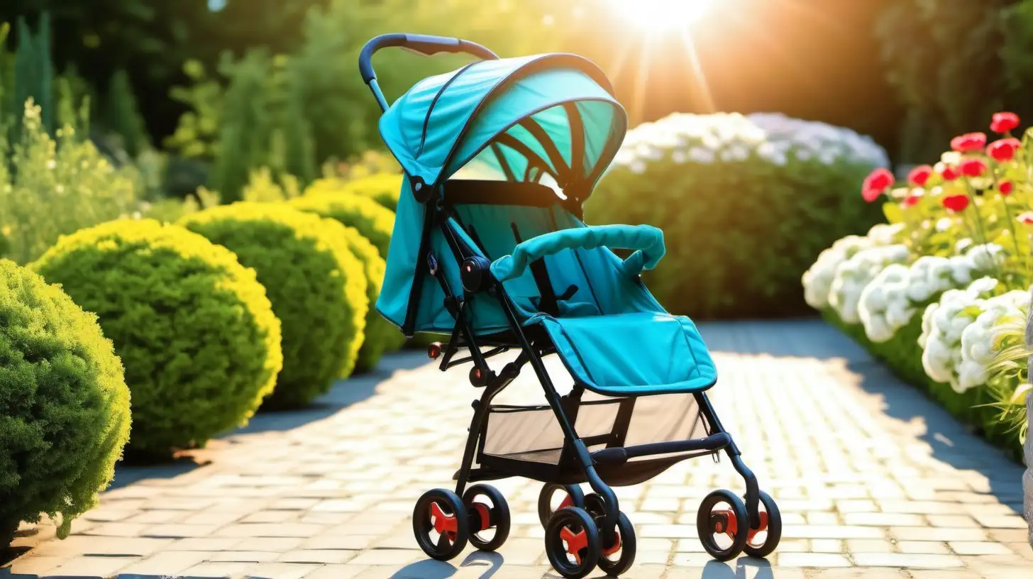 a small compact foldable babystroller with a garden as background with sun and summer 