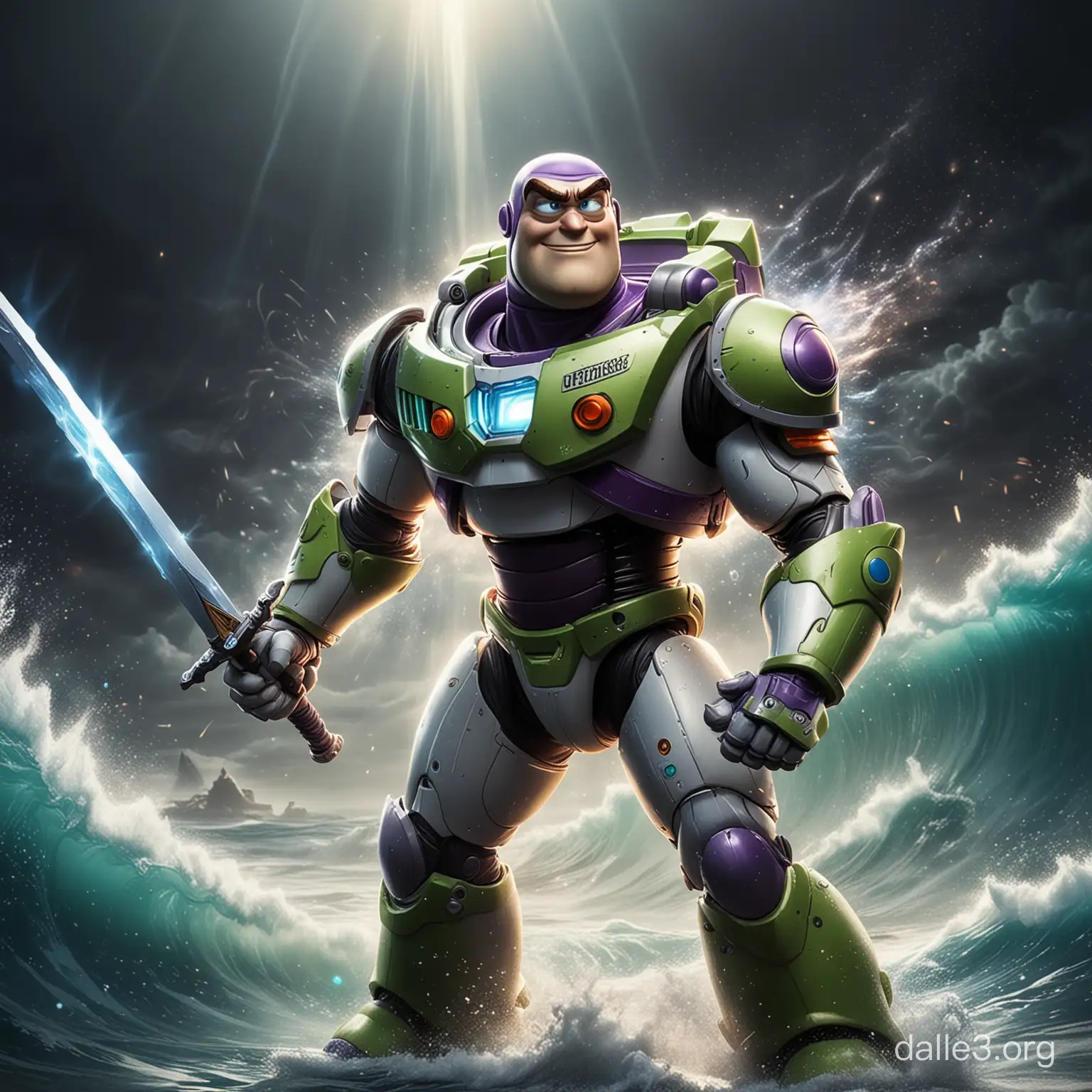 Happy cool battle buzz lightyear, holding a sword, glowing aura, striking a dynamic pose, set in an epic dark battle background with waves