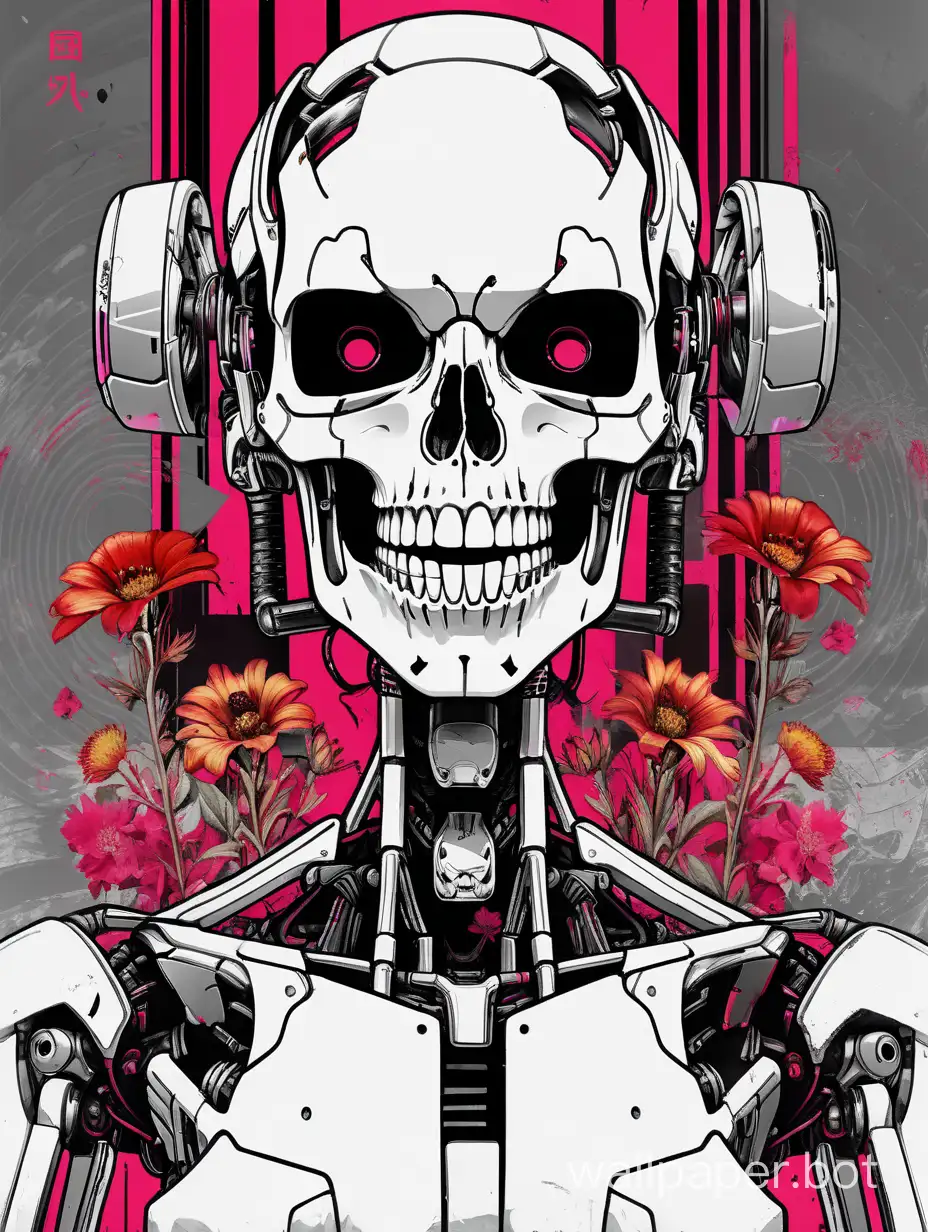 skull female robot, sexy face, horror laugh, gracious posture, chinese poster hiperdetailed, cyberpunk aesthetic,  chaotic wildflowers background, torn poster edge,  strong glitch color effect, black, white, red, gray, sticker art