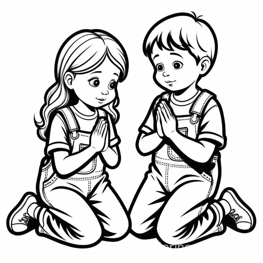 boy and girl praying. The boy is wearing overalls. The girl is wearing a dress., Coloring Page, black and white, line art, white background, Simplicity, Ample White Space. The background of the coloring page is plain white to make it easy for young children to color within the lines. The outlines of all the subjects are easy to distinguish, making it simple for kids to color without too much difficulty