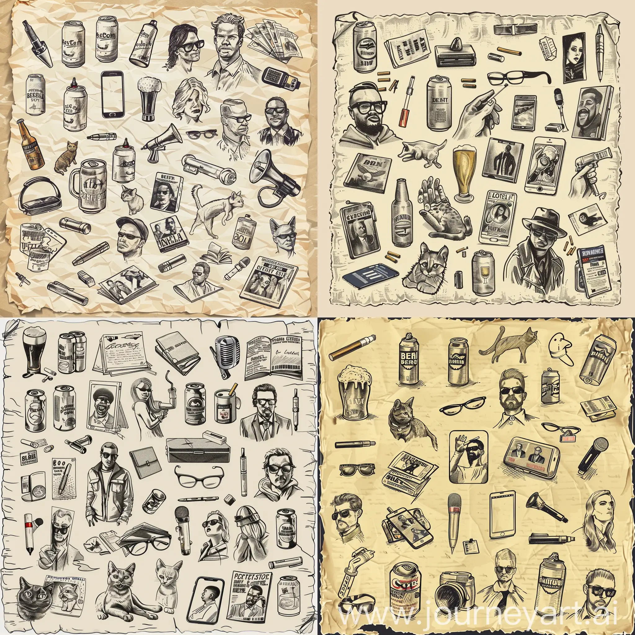 fullscreen of a sheet of paper with drawings on it - stylized as if they were hand-drawn and small in size: beer cans, smartphone, lighter and cigarettes, glasses, pen, magazines, cat, model, rapper, microphone, politician, businessman