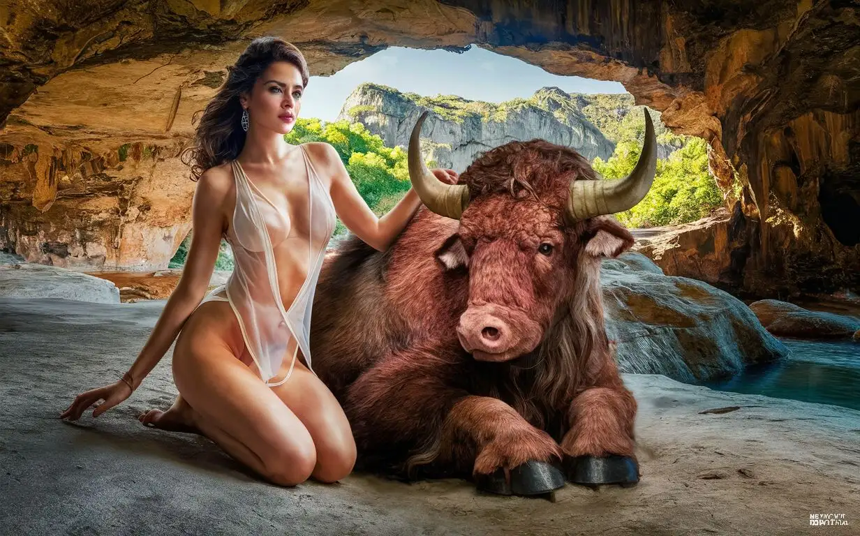 una mujer hermosa, con una tunica transparente, sexy, al lado de un minotauro peludo, en una cueva de piedra, muy alta calidad, realista, muy detallado, HD, 4K, SDXL