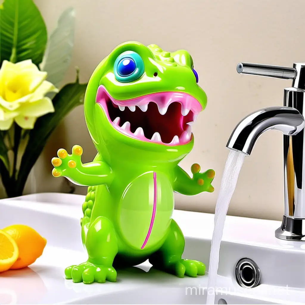 cartoon chameleon soap pump dispenser open mouth tongue two-colour body child friend, soap coming from mouth