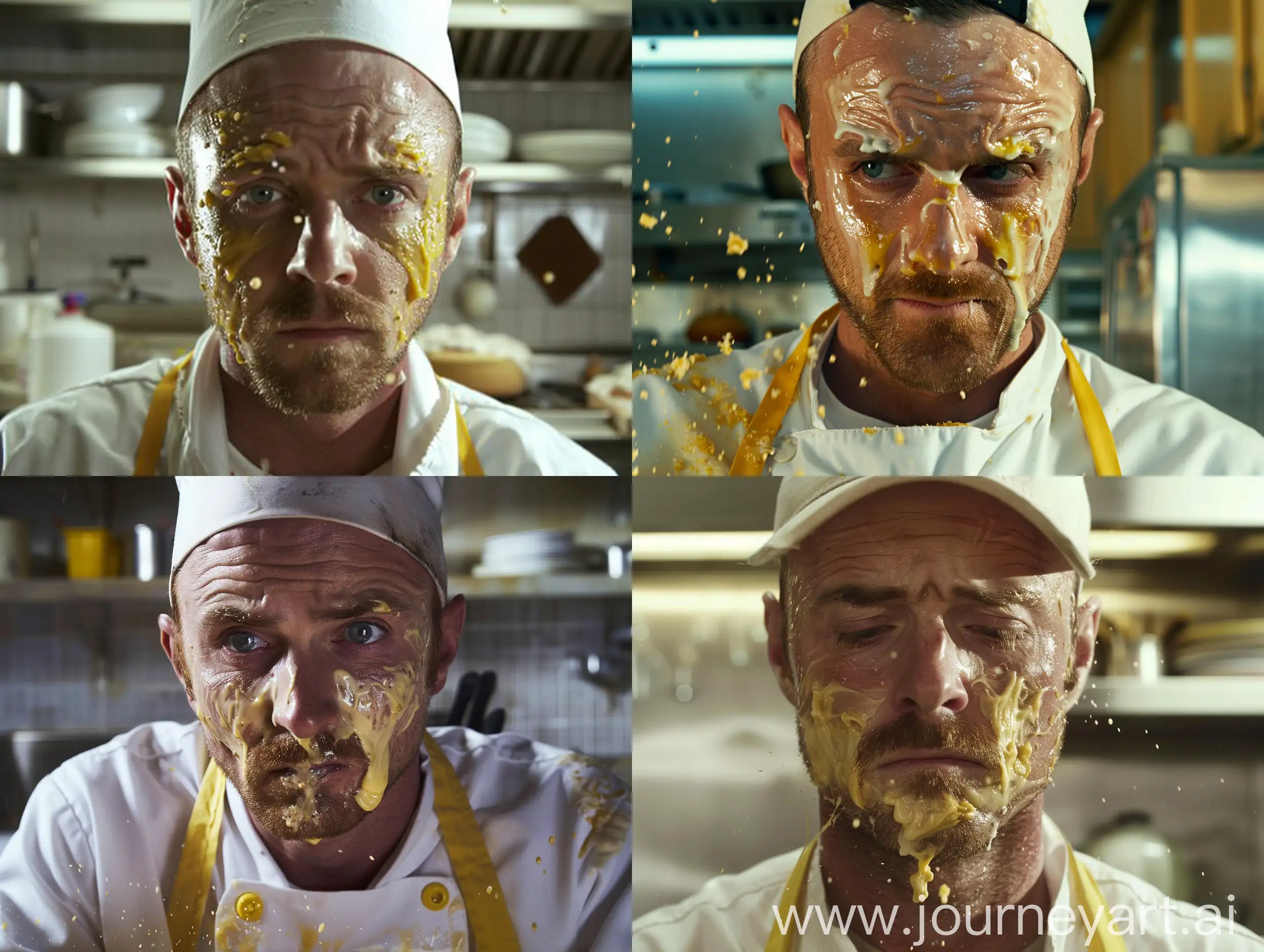 Jesse Pinkman (played by Aaron Paul) in Breaking Bad, Jesse Pinkman (played by Aaron Paul) is preparing the cake batter, but the cake ingredients are splashed on his face. Jesse Pinkman (played by Aaron Paul) is wearing a white kitchen uniform, he has a cooking hat, Jesse Pinkman (played by Aaron Paul) is wearing a yellow kitchen apron. Jesse Pinkman (played by Aaron Paul) looks sadly at the camera, the background is the kitchen, the camera is further back, the lighting is modern, realistic, realistic, q2