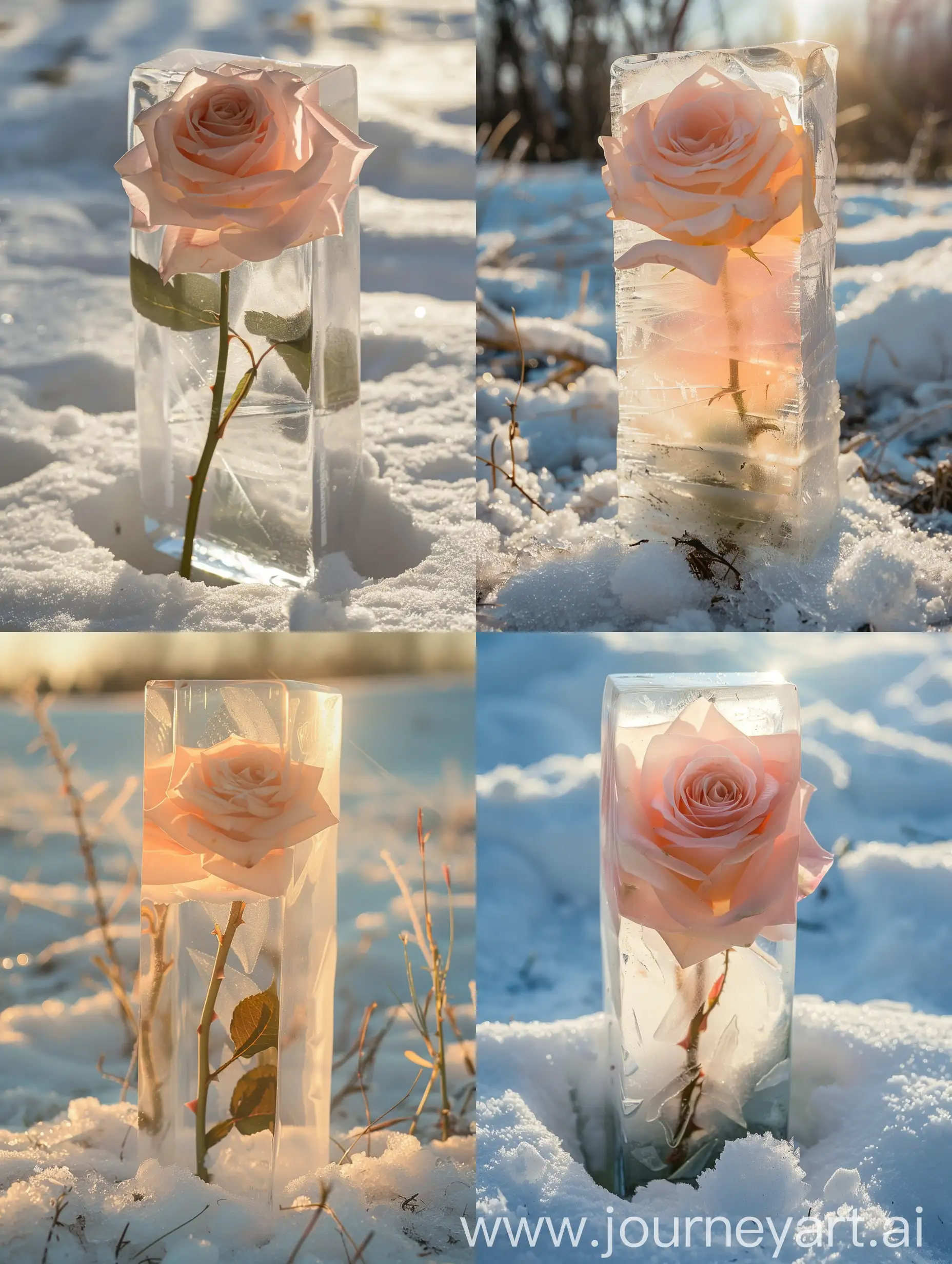 雪地上有一个冰块，冰块里有一朵竖着生长的浅粉色渐变玫瑰，阳光照射在冰块上，光线柔和