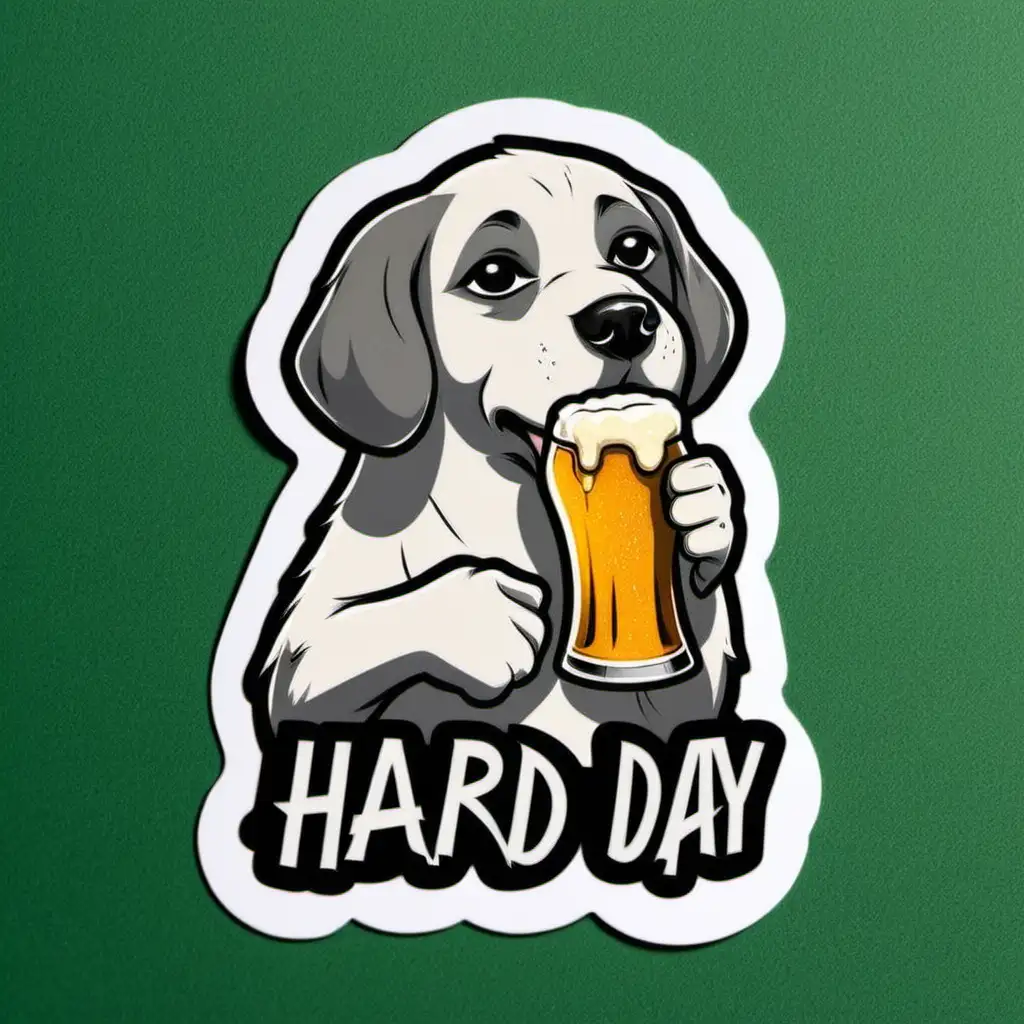 sticker of a Dog holding a beer with the words Hard Day