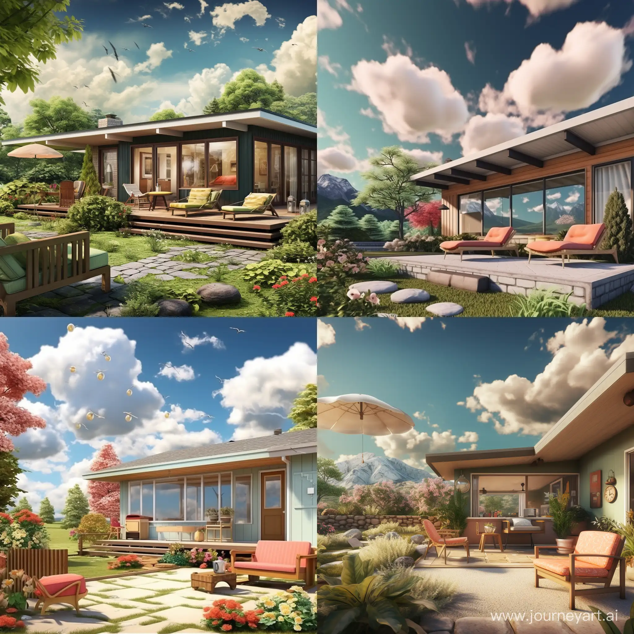 make a midcentury modern cottage from the outside in a photorealistic style with clouds around it 