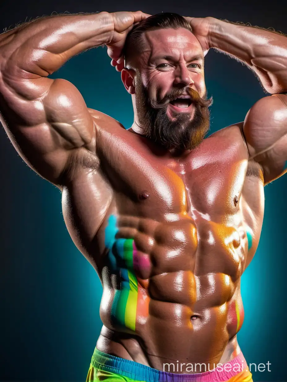 Studio Light Close Up Topless 30s Thick Beefy IFBB Bodybuilder Beard Daddy Bright Highlighter Rainbow Coloured Grow in the Dark Paints All Over his Body short shorts Holding up his Big Strong Arms Over this head and Flexing