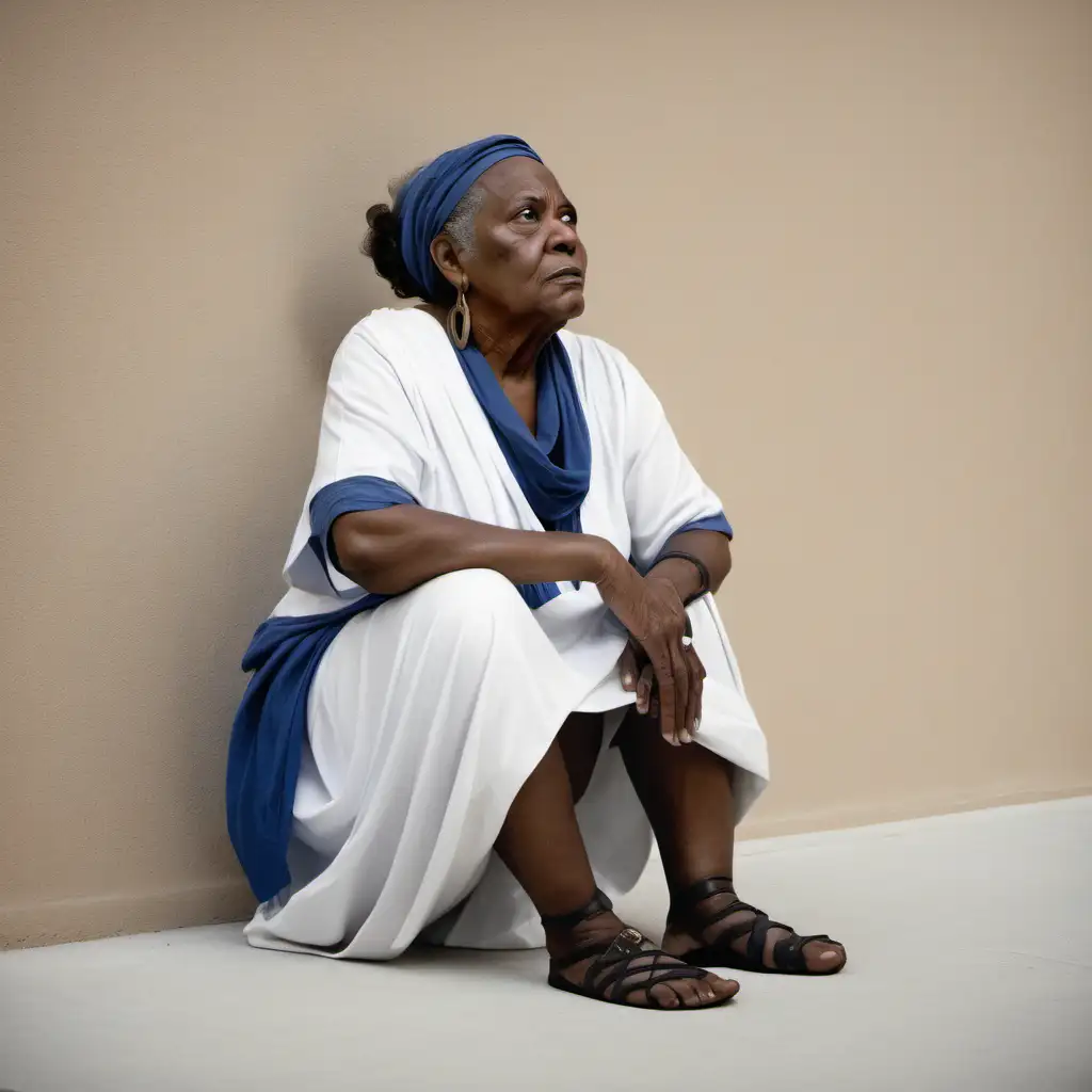 older, wise, African  American woman, wearing, greek bc, clothes sitting down on the ground, looking to the left ,full body view no chairs ,semi realistic