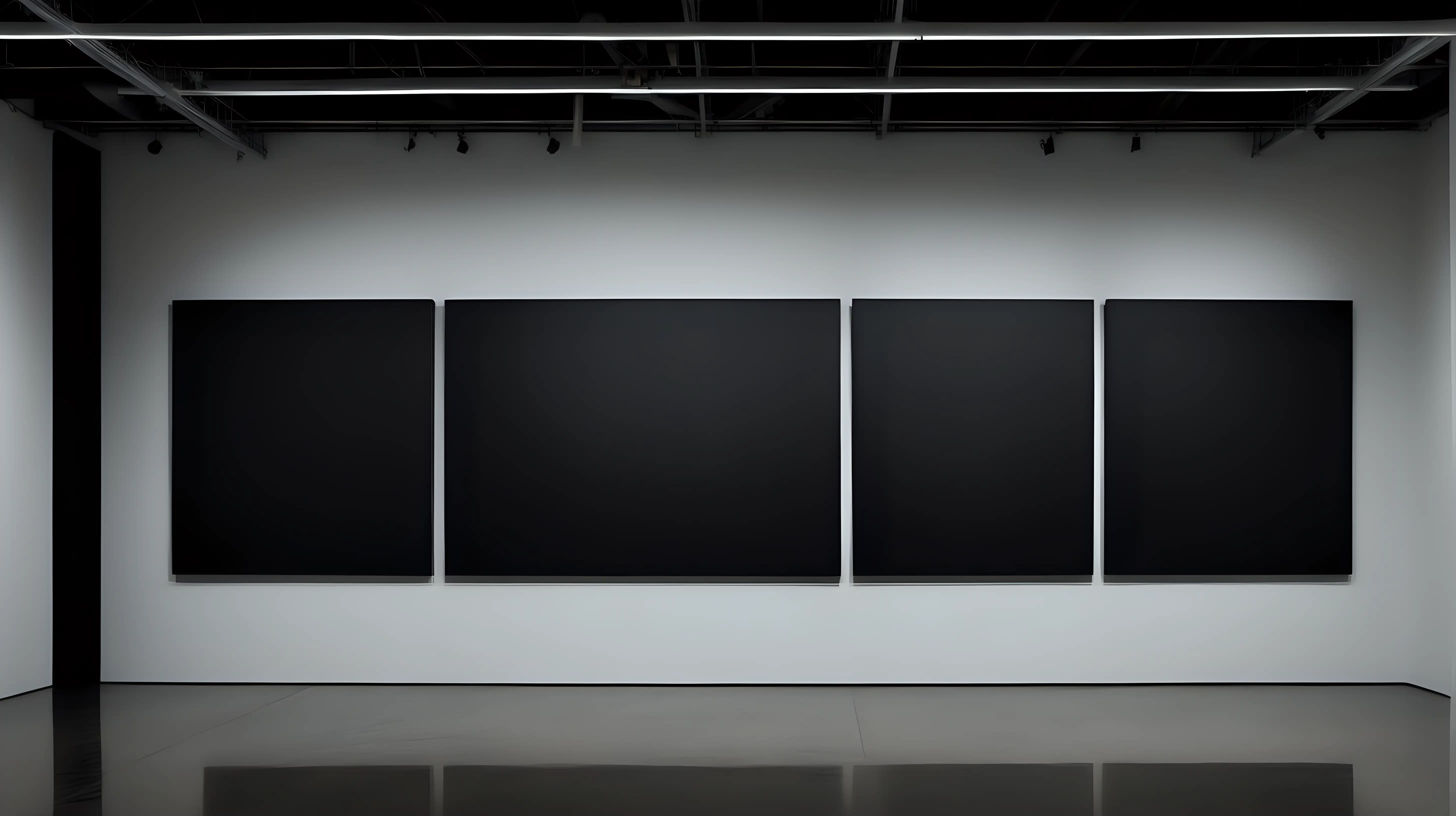 One wall of dark Art Museum room with three (3) large thin horizontal framed solid black canvases on single long wall.