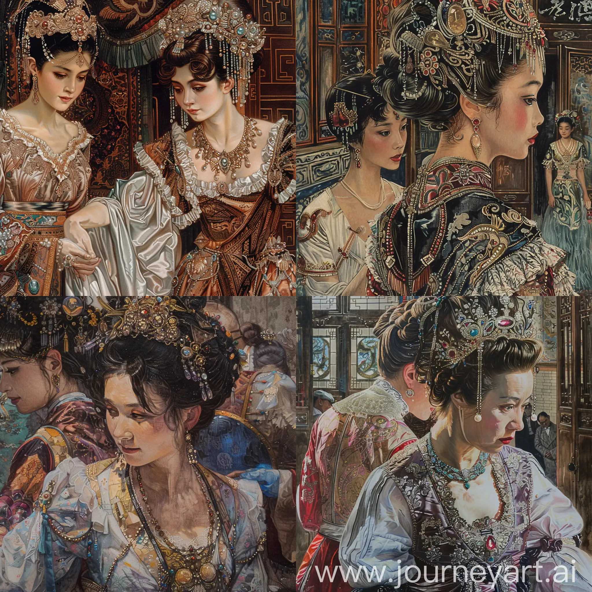 Luxurious-Empress-Dowager-Cixi-Assisted-by-Maid-in-Magnificent-Portrait