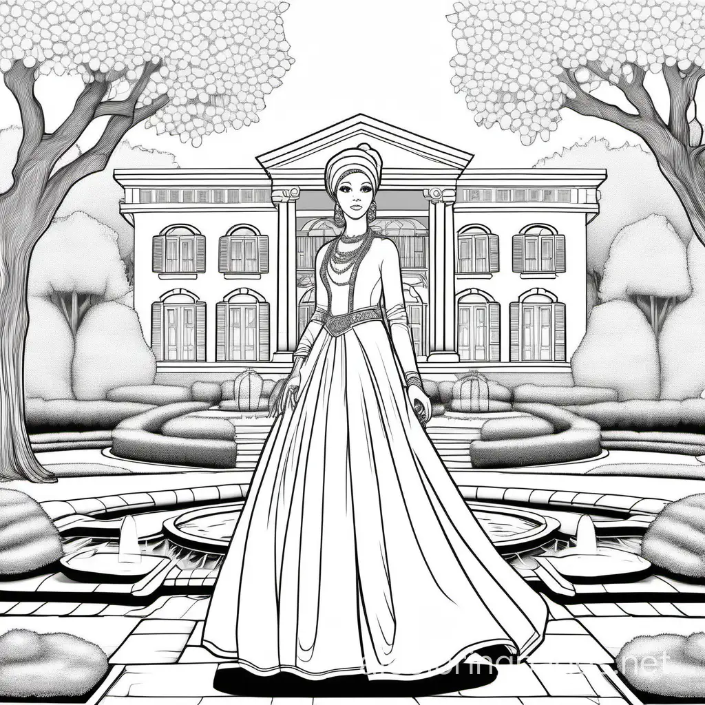 princess with headwrap beautiful jewelry and dress, standing in back of mansion with garden , 2 big trees one on each side, and water fountain, coloring page, black and white, line art, white background, Coloring Page, black and white, line art, white background,

, Coloring Page, black and white, line art, white background, Simplicity, Ample White Space. The background of the coloring page is plain white to make it easy for young children to color within the lines. The outlines of all the subjects are easy to distinguish, making it simple for kids to color without too much difficulty