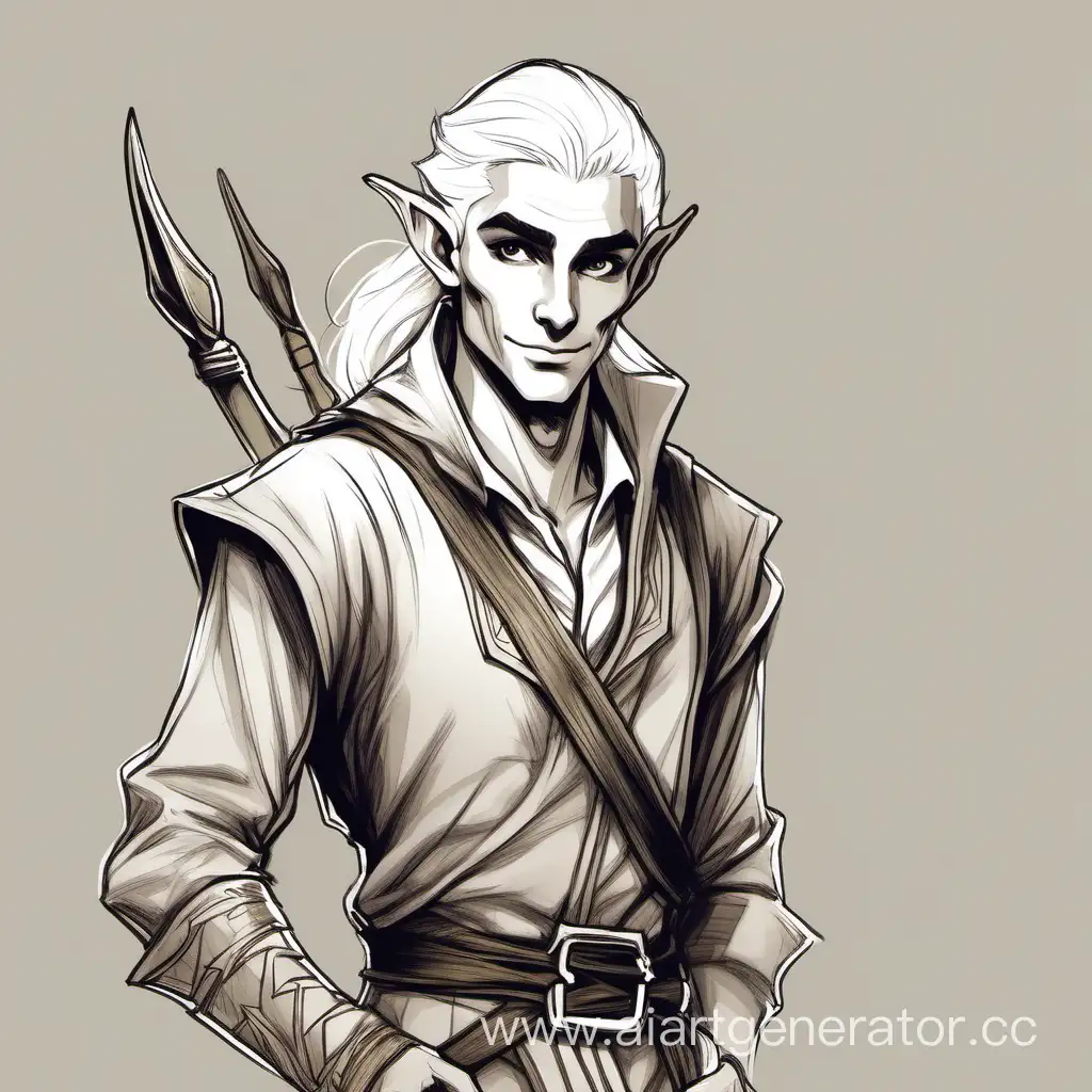 sketch A young elf guy, smiling, full-length, open clothes, a bow behind his back, shoulder-length white hair,cheekbones