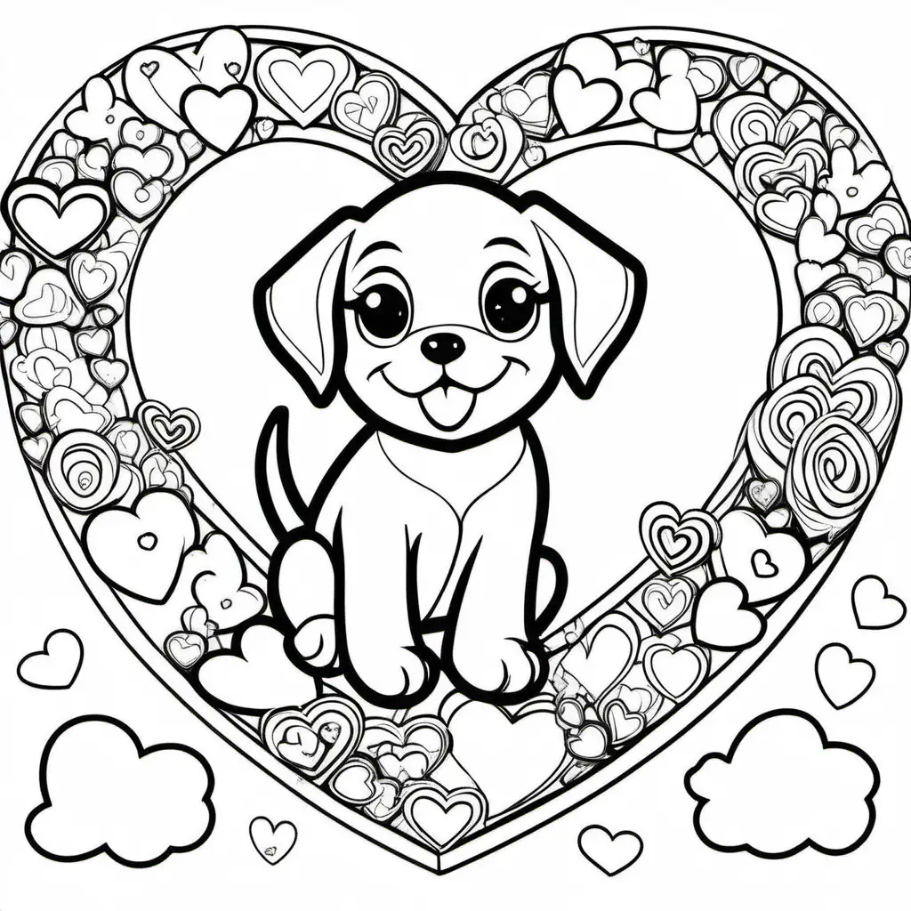 Joyful Puppies Playing in a HeartFilled Wonderland Coloring Page