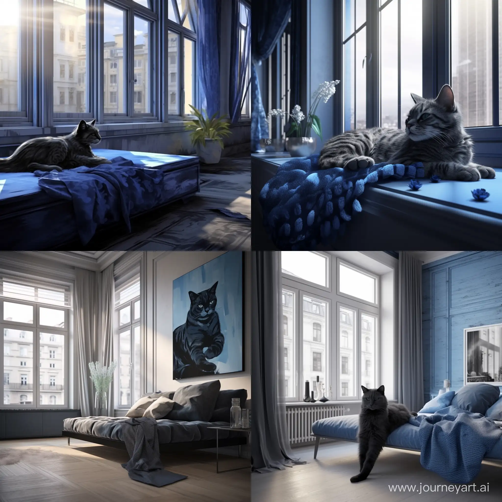 голубая кошка с черными узорами лениво разлеглась на фоне современной квартиры, мягкий естественный свет проникает через окна отбрасывая нежные блики на кошку