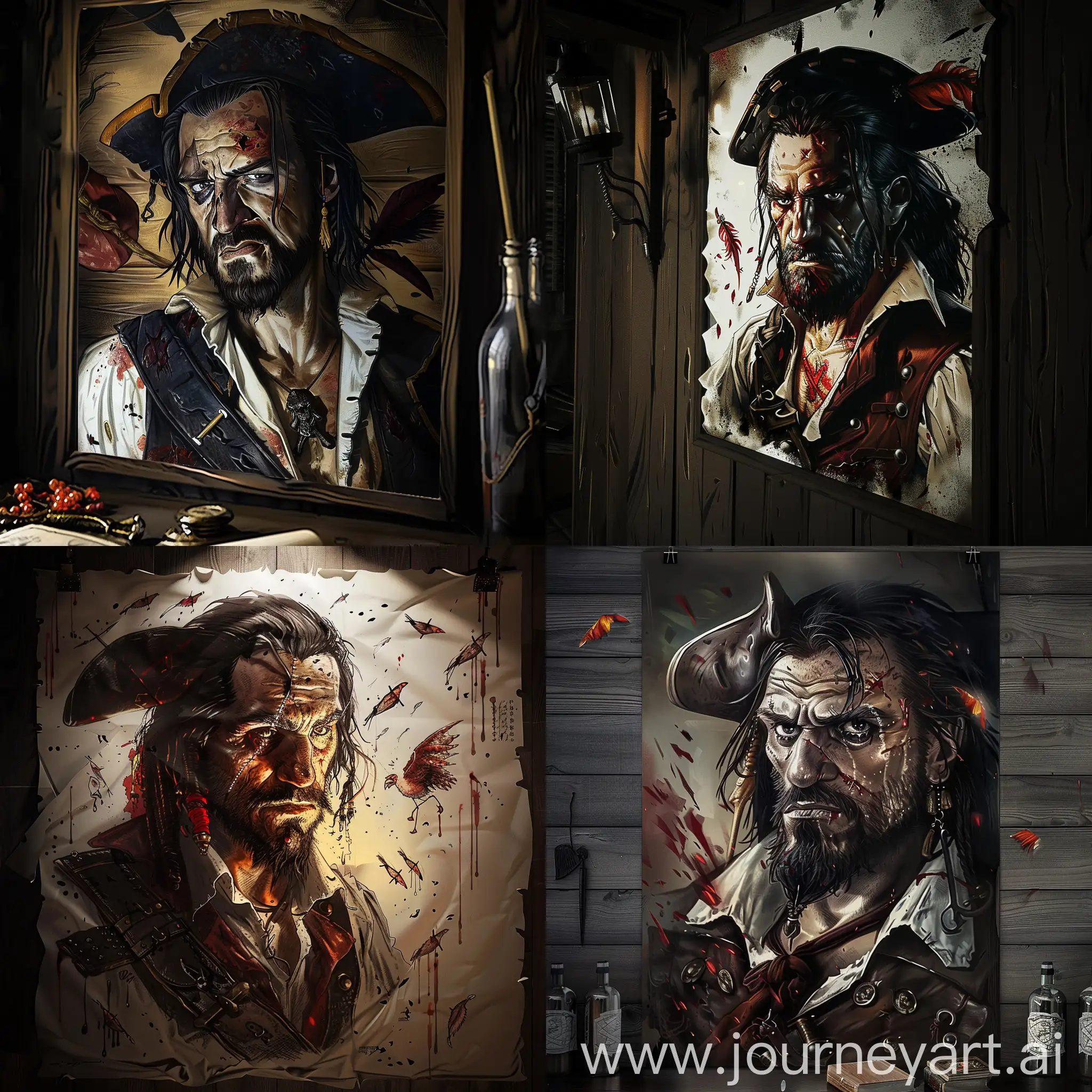 dark fantasy style, pirate with cocked hat drawn on a poster that hanging on the wall, --cref https://s3.amazonaws.com/files.d20.io/images/384449476/ZOFH4Na9LzC0T2k7v0dIpA/max.png?1710434780